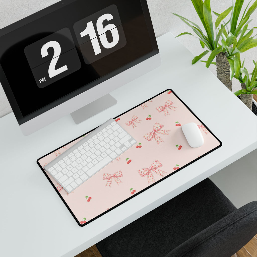 Cherries and Bows On Pink Desk Mats and Mouse pads, Office Decor, Birthday Gifts, Home Workspace