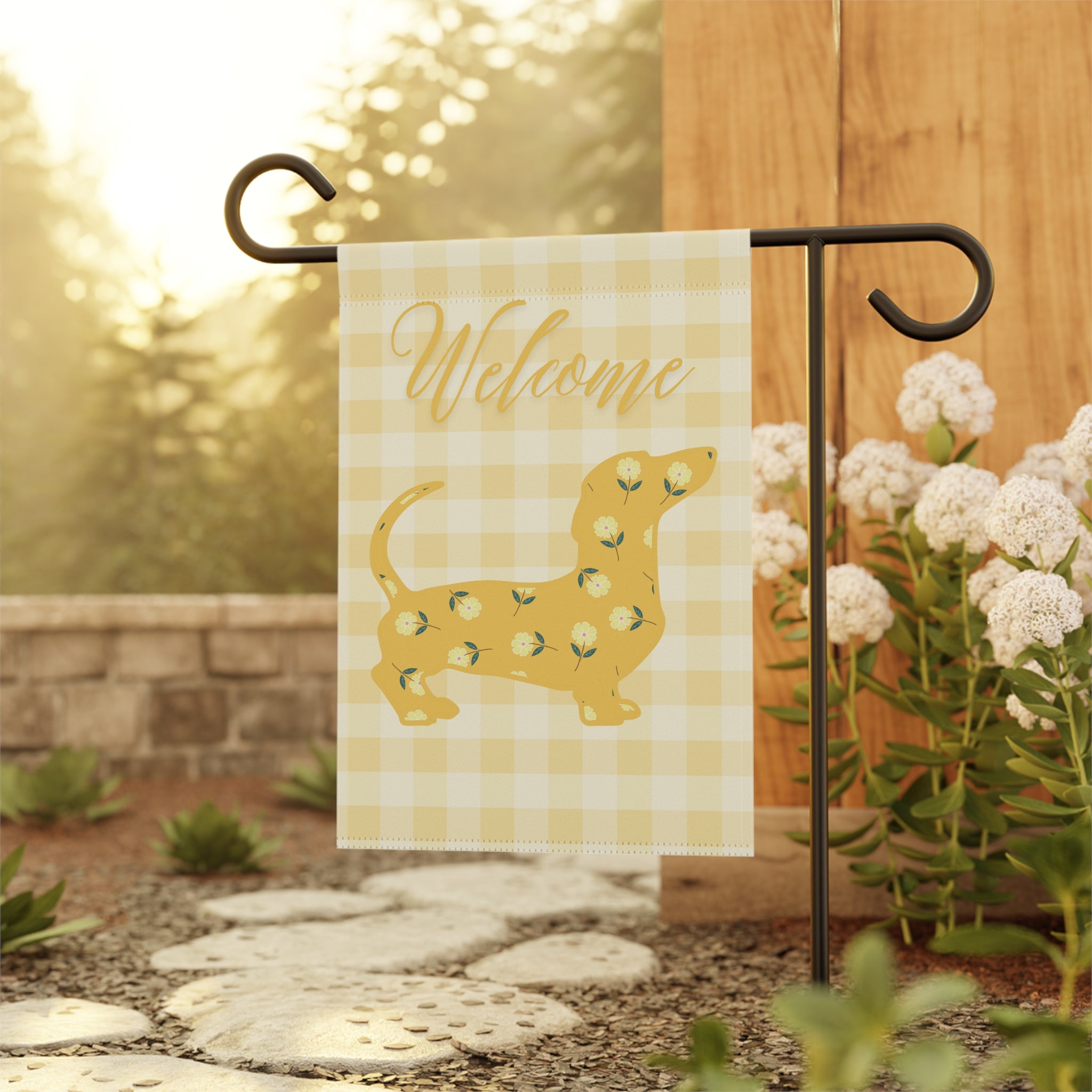 Yellow Gingham Dachshund Welcome Garden Banner, Floral Pet Décor, Outdoor Sign, Housewarming Gift