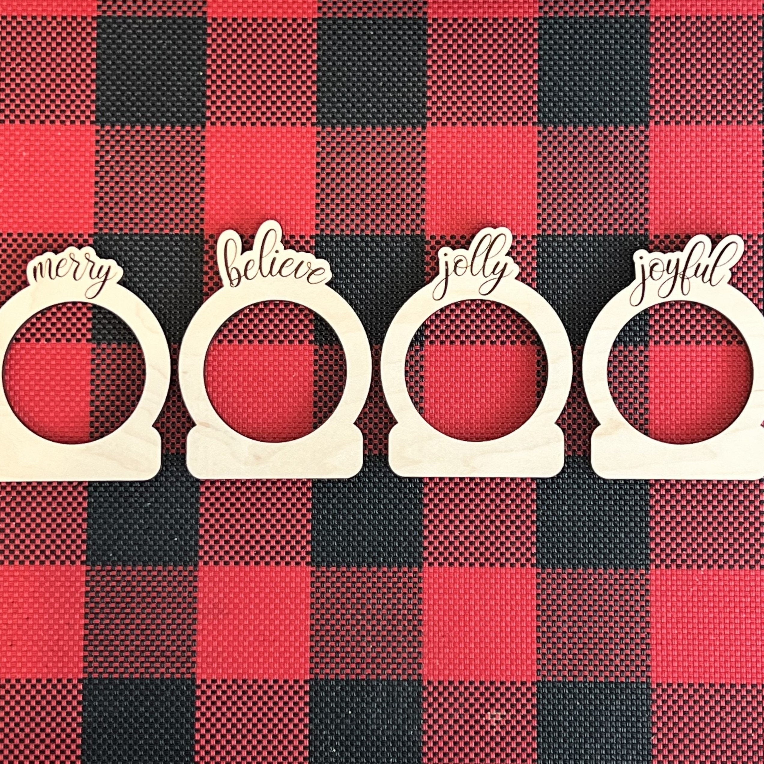 Set of 4 Wooden Christmas Napkin Ring Holders - Merry, Believe, Jolly, Joyful