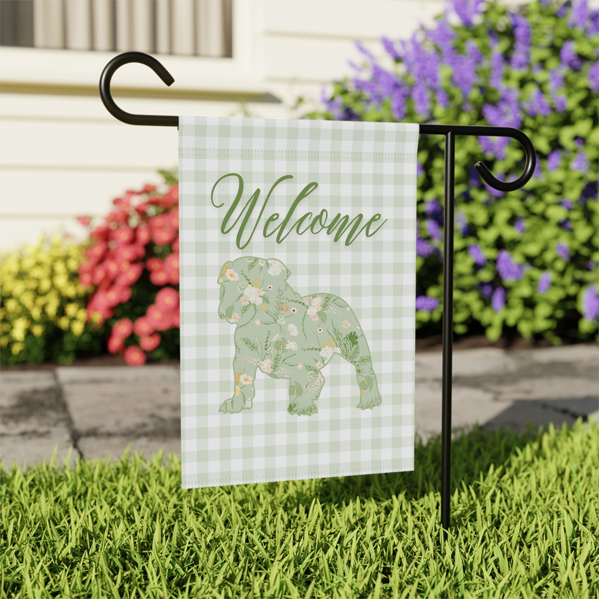 Green Gingham Bulldog Welcome Garden Banner, Floral Pet Décor, Outdoor Sign, Housewarming Gift