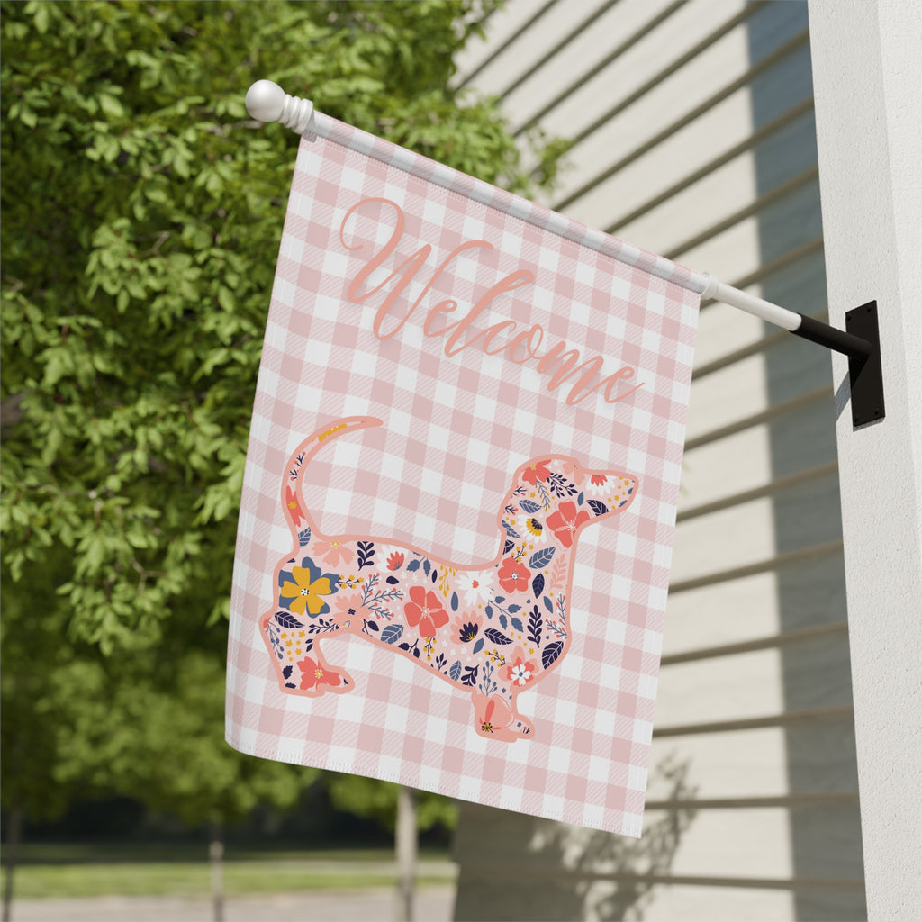 Pink Gingham Dachshund Welcome Garden Banner, Floral Pet Décor, Outdoor Sign, Housewarming Gift