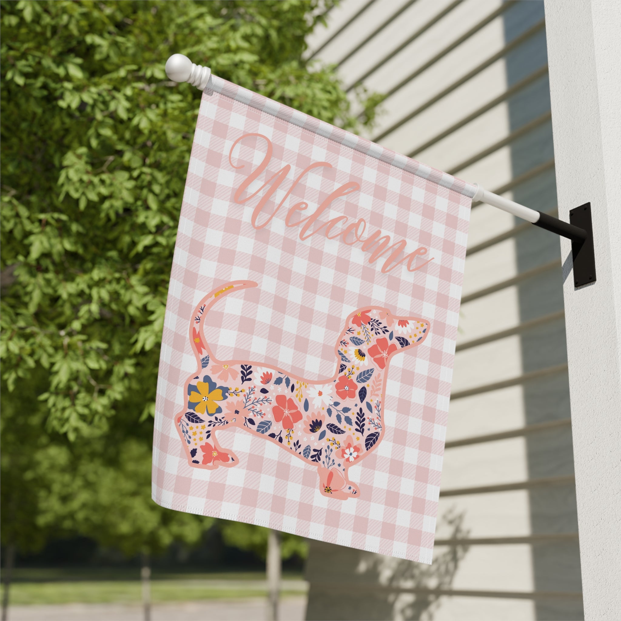 Pink Gingham Dachshund Welcome Garden Banner, Floral Pet Décor, Outdoor Sign, Housewarming Gift