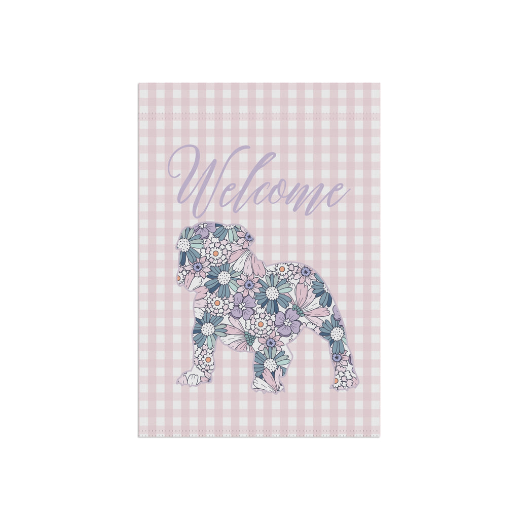 Purple Gingham Bulldog Welcome Garden Banner, Floral Pet Décor, Outdoor Sign, Housewarming Gift