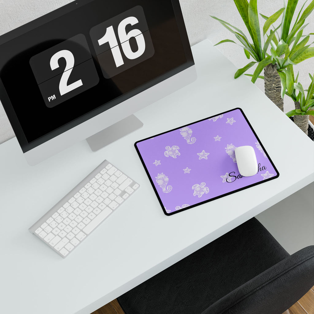 Purple Ocean Desk Mats and Mouse pads with Lace Seahorses and Turtles, Office Decor, Christmas Gifts, Home Workspace