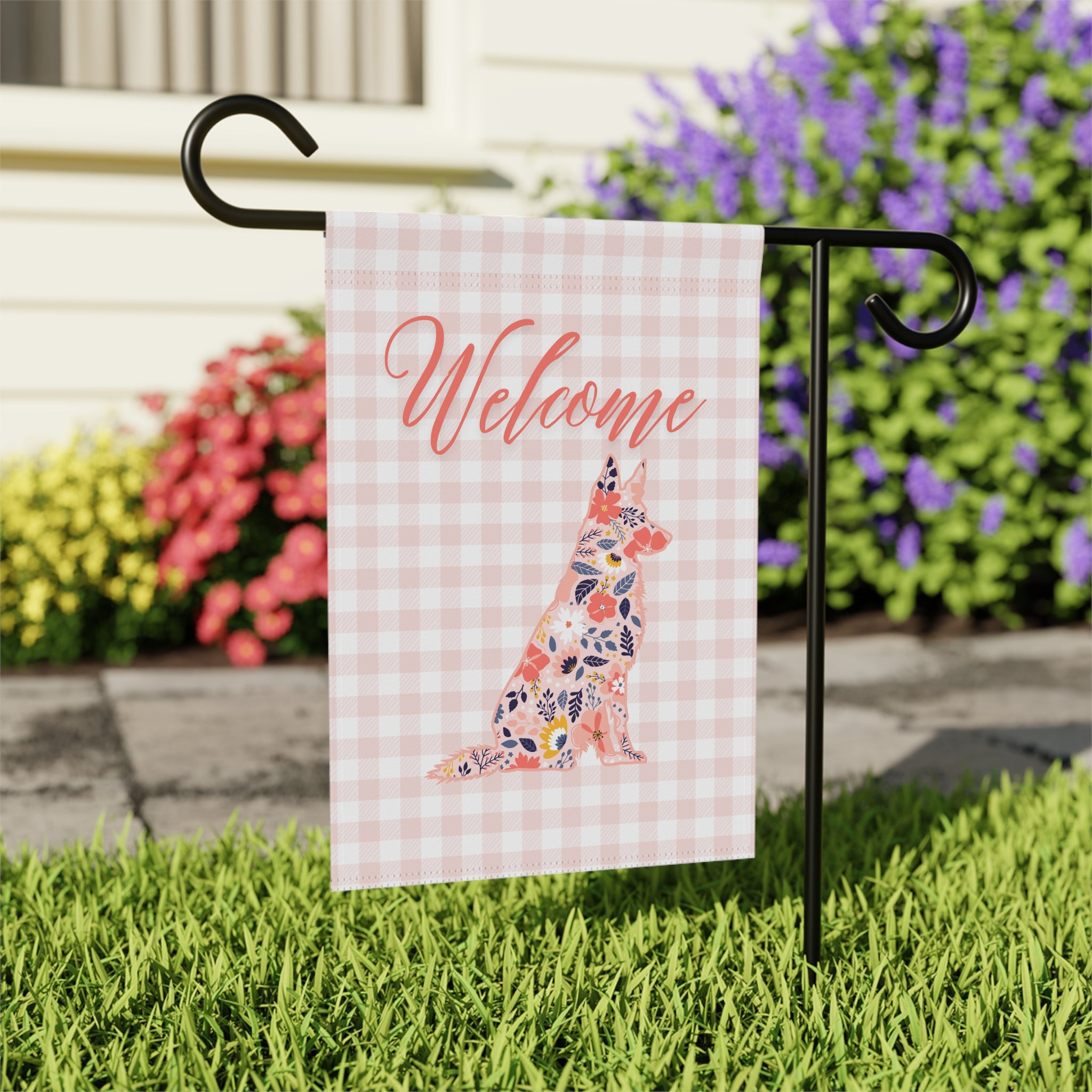Pink Gingham German Shepherd Welcome Garden Banner, Floral Pet Décor, Outdoor Sign, Housewarming Gift