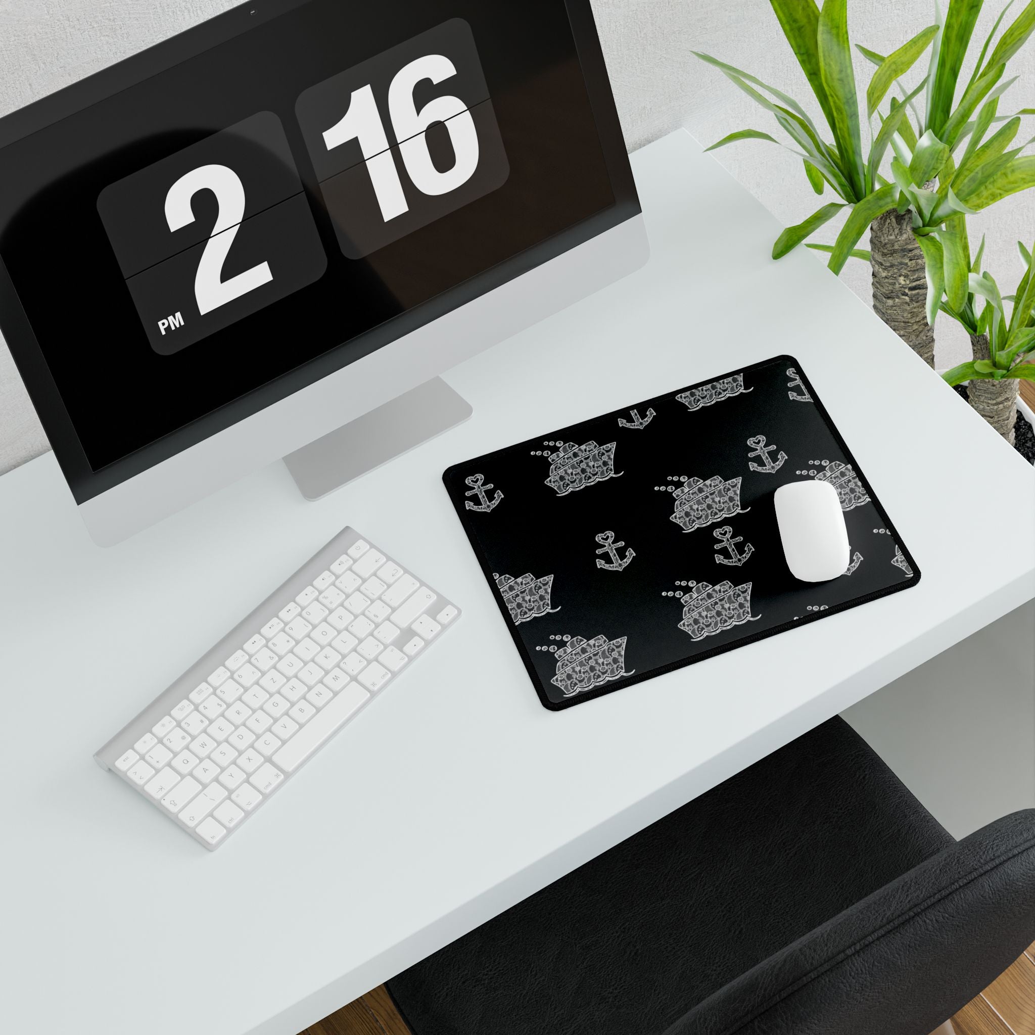 Black Cruise Ship Desk Mats and Mouse pads with White Lace Anchors and Ships, Office Decor, Cruise Gifts, Home Workspace