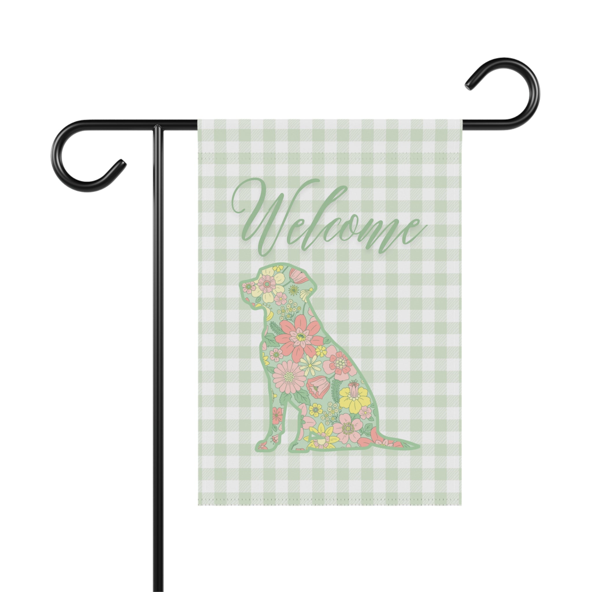 Green Gingham Labrador Retriever Welcome Garden Banner, Floral Pet Décor, Outdoor Sign, Housewarming Gift