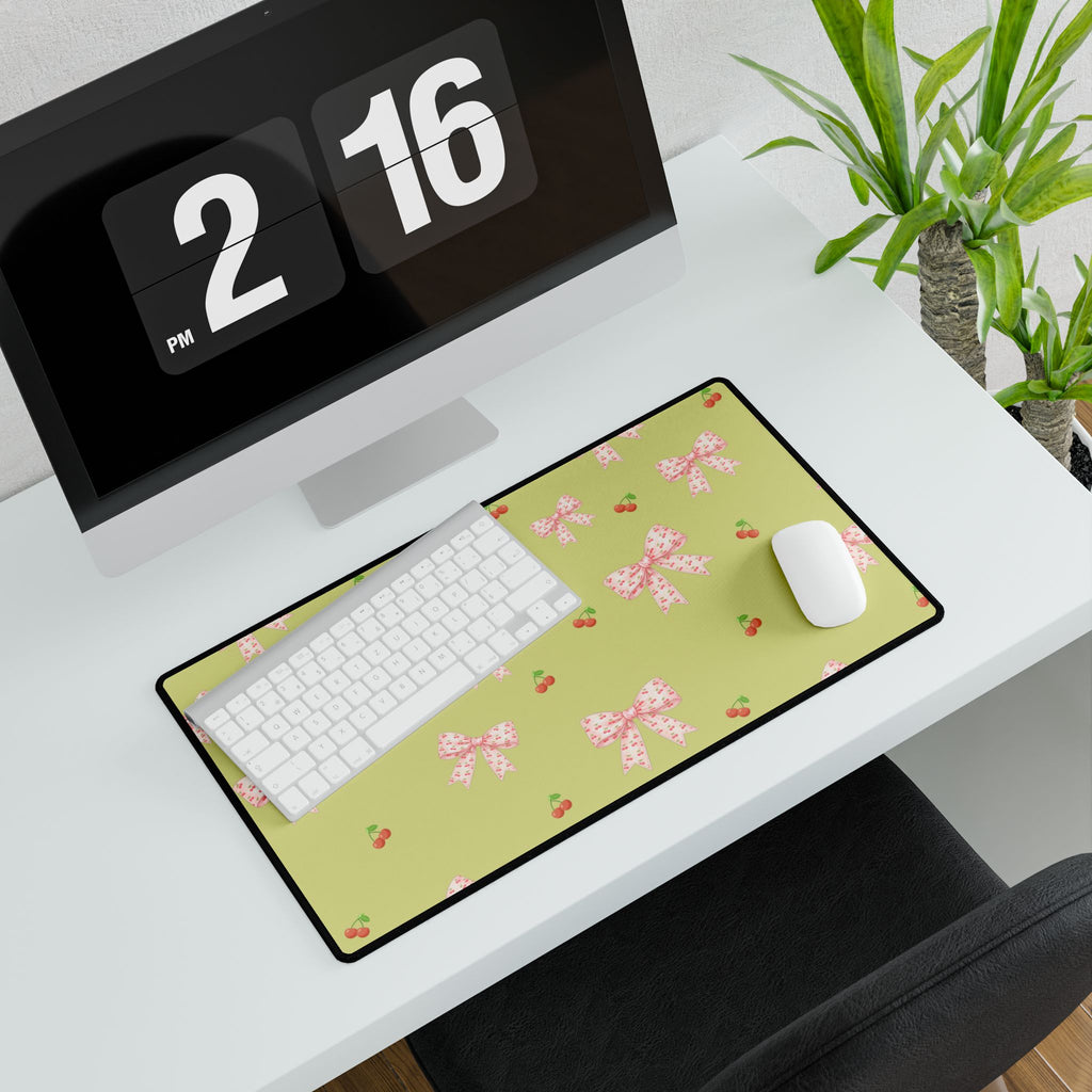 Cherries and Bows on Green Desk Mats and Mouse pads, Office Decor, Birthday Gifts, Home Workspace