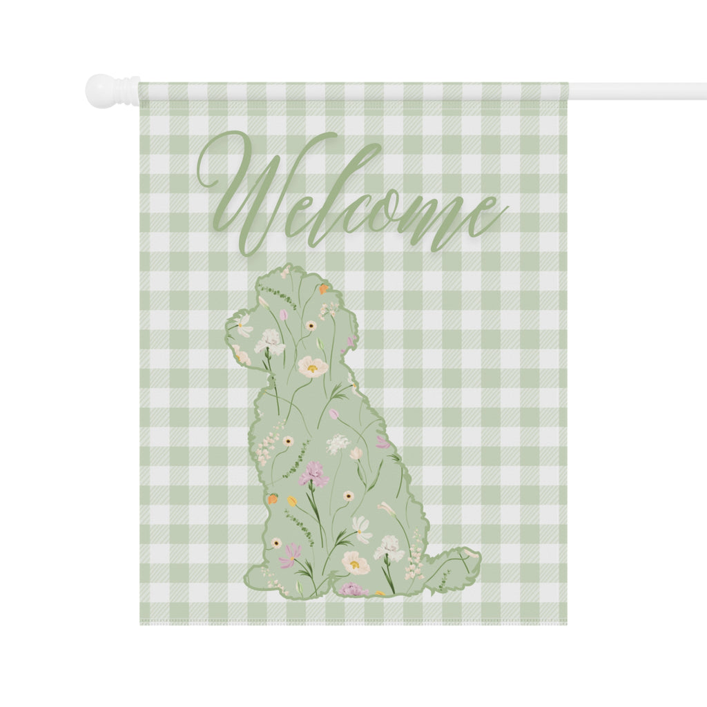 Green Gingham Labradoodle Welcome Garden Banner, Floral Pet Décor, Outdoor Sign, Housewarming Gift