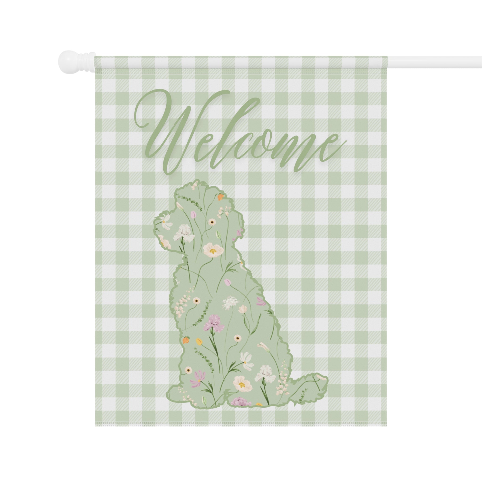 Green Gingham Labradoodle Welcome Garden Banner, Floral Pet Décor, Outdoor Sign, Housewarming Gift
