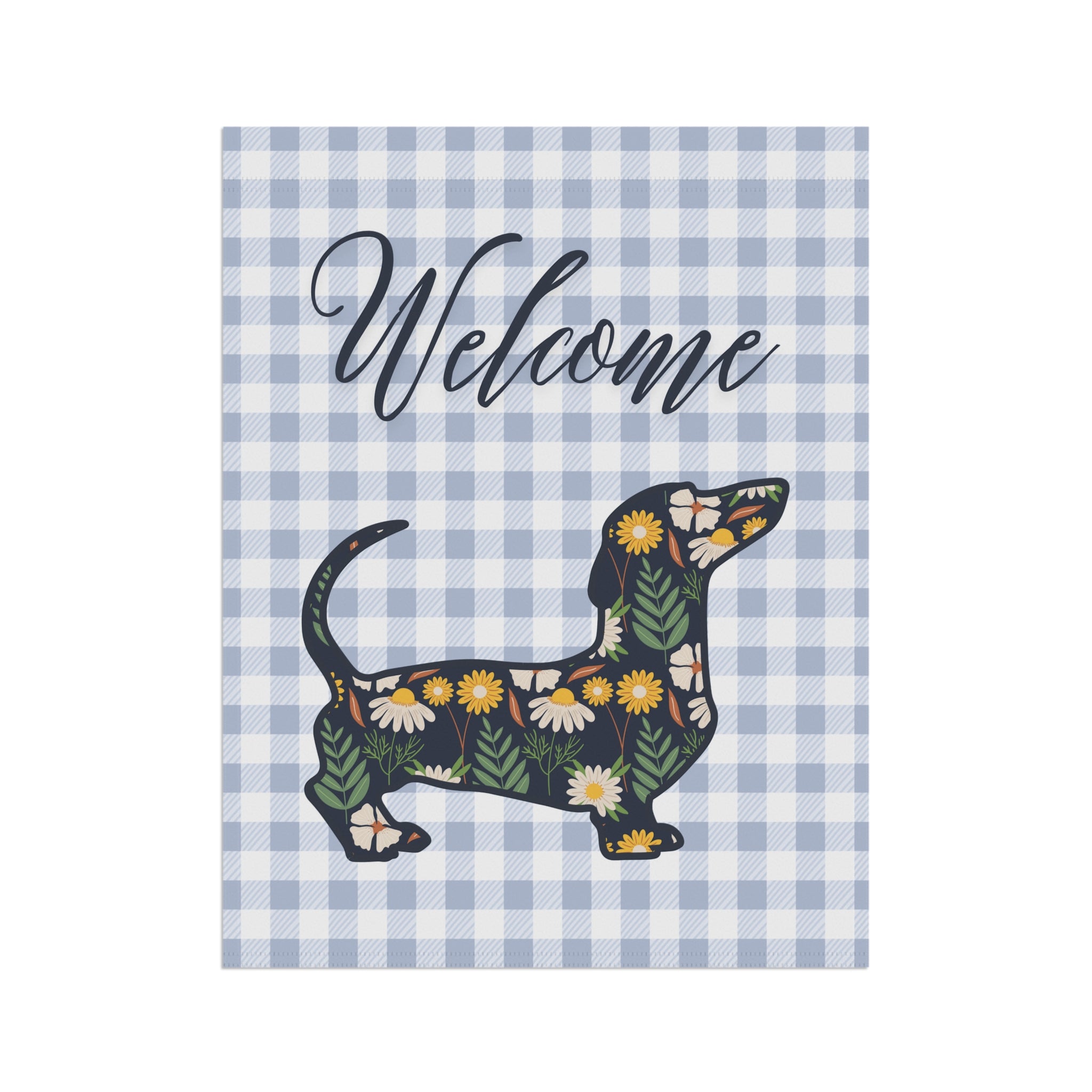 Blue Gingham Dachshund Welcome Garden Banner, Floral Pet Décor, Outdoor Sign, Housewarming Gift