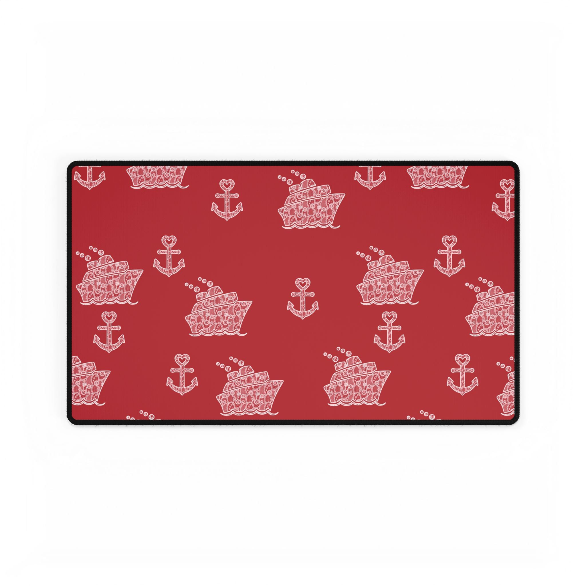 Red Cruise Ship Desk Mats and Mouse pads with White Lace Anchors and Ships, Office Decor, Cruise Gifts, Home Workspace