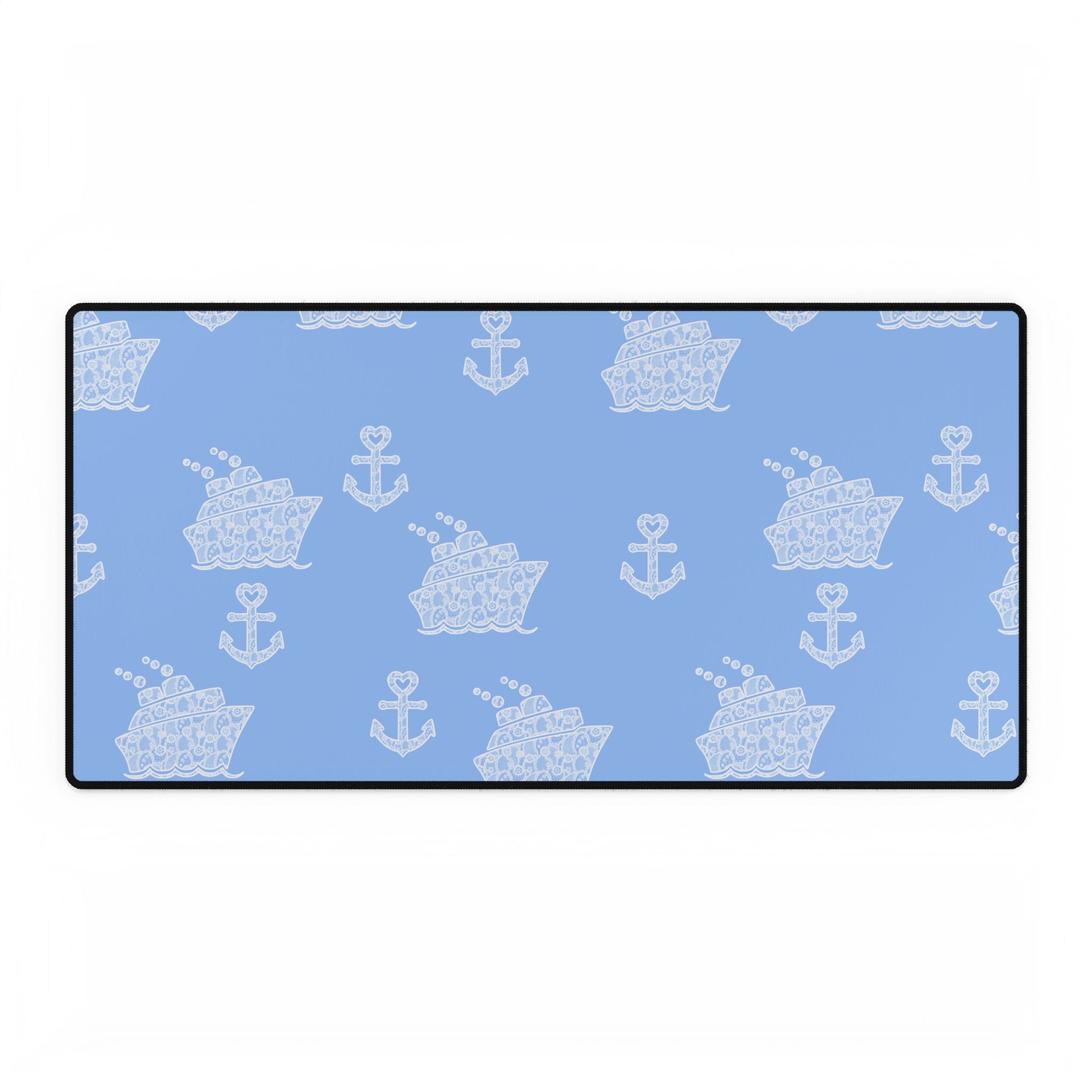 Baby Blue Cruise Ship Desk Mats and Mouse pads with White Lace Anchors and Ships, Office Decor, Cruise Gifts, Home Workspace