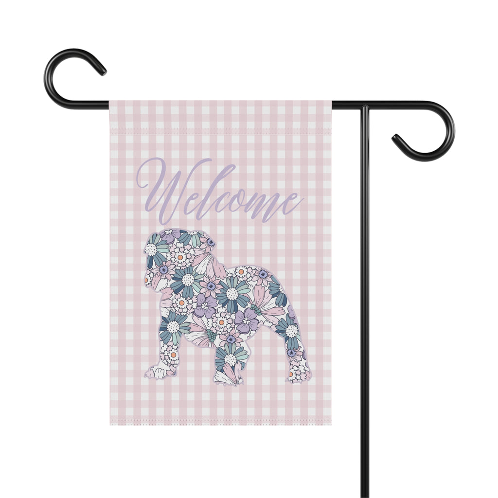 Purple Gingham Bulldog Welcome Garden Banner, Floral Pet Décor, Outdoor Sign, Housewarming Gift