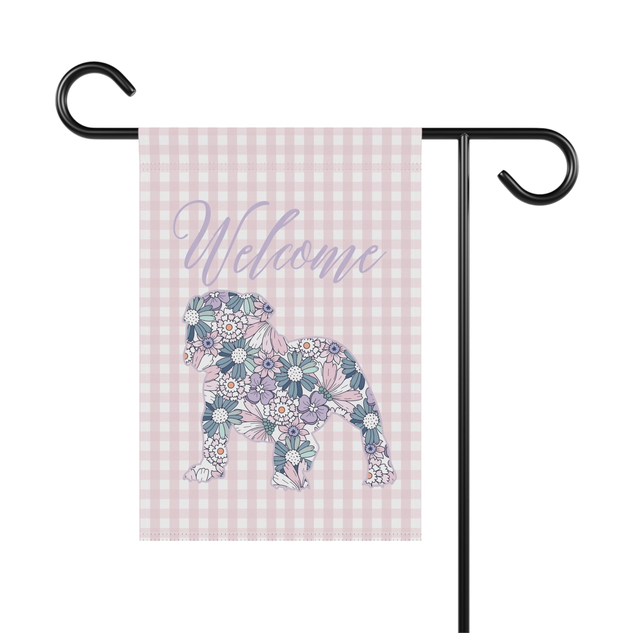 Purple Gingham Bulldog Welcome Garden Banner, Floral Pet Décor, Outdoor Sign, Housewarming Gift