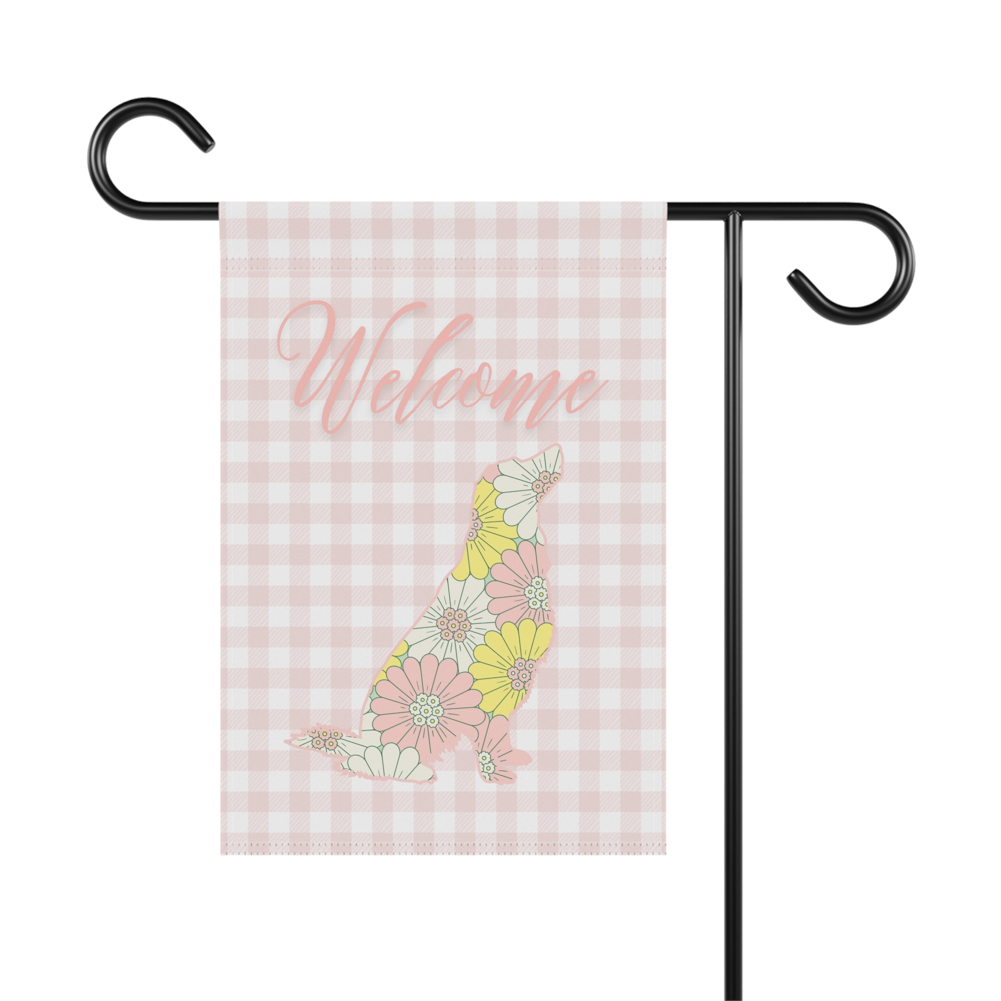Pink Gingham Golden Retriever Welcome Garden Banner, Floral Pet Décor, Outdoor Sign, Housewarming Gift