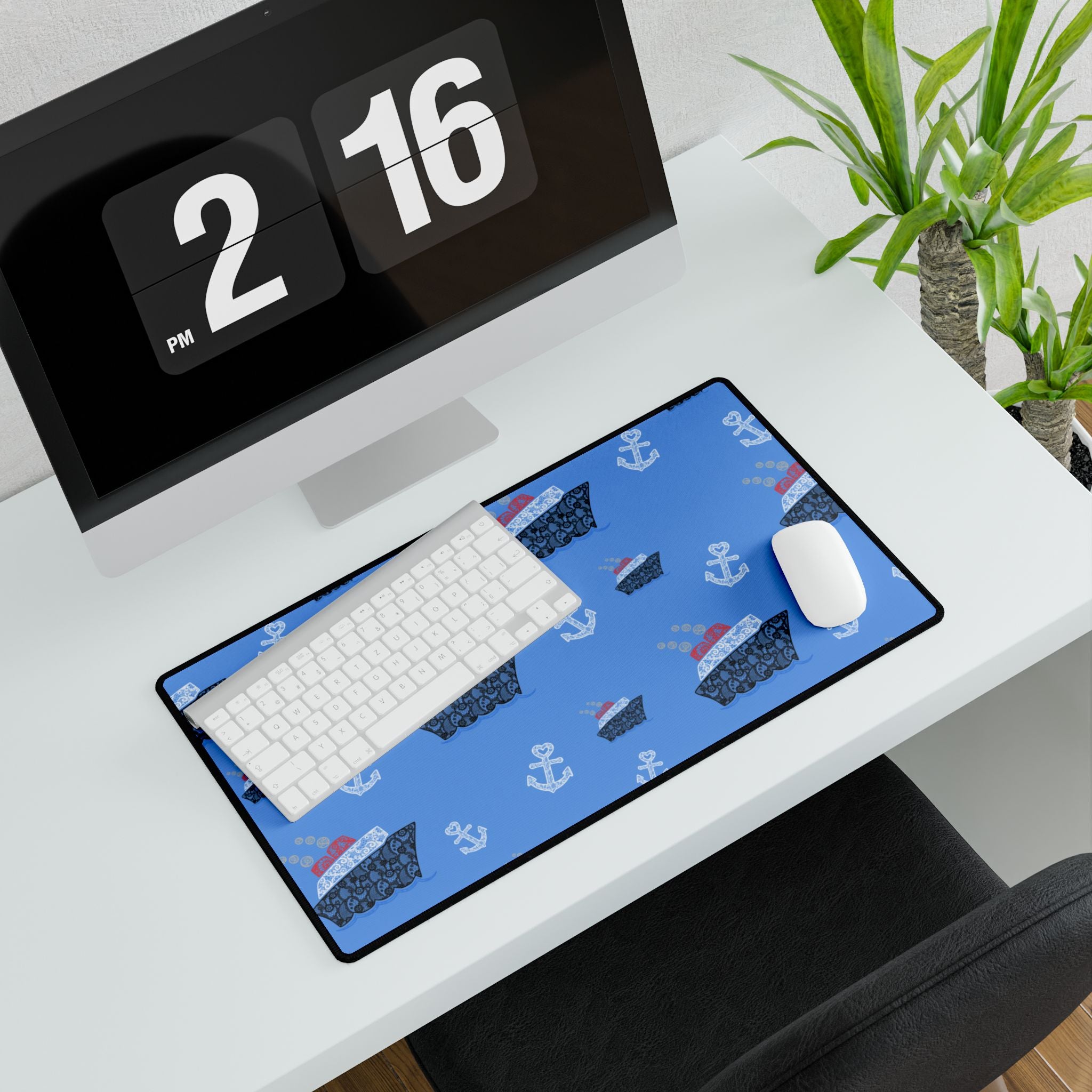Blue Cruise Ship Desk Mats and Mouse pads with Lace Anchors and Ships, Office Decor, Cruise Gifts, Home Workspace