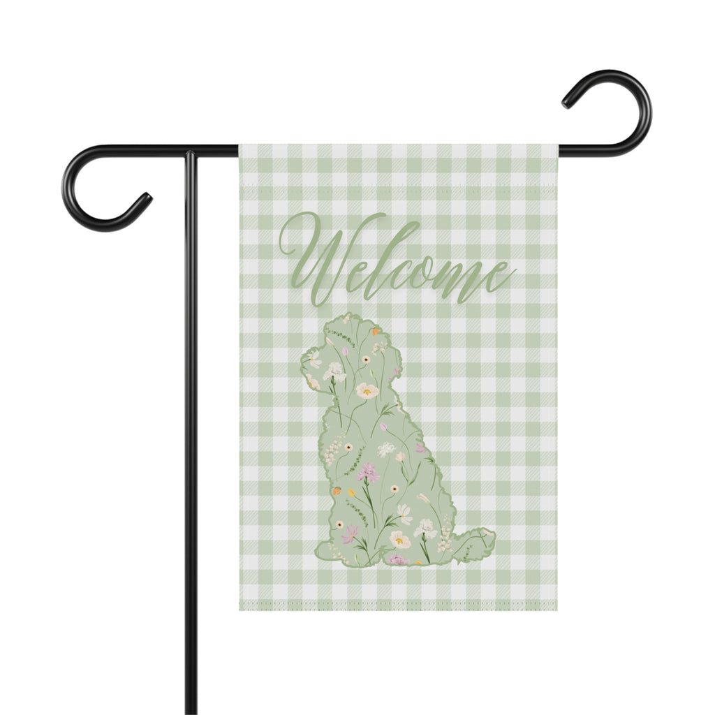 Green Gingham Labradoodle Welcome Garden Banner, Floral Pet Décor, Outdoor Sign, Housewarming Gift