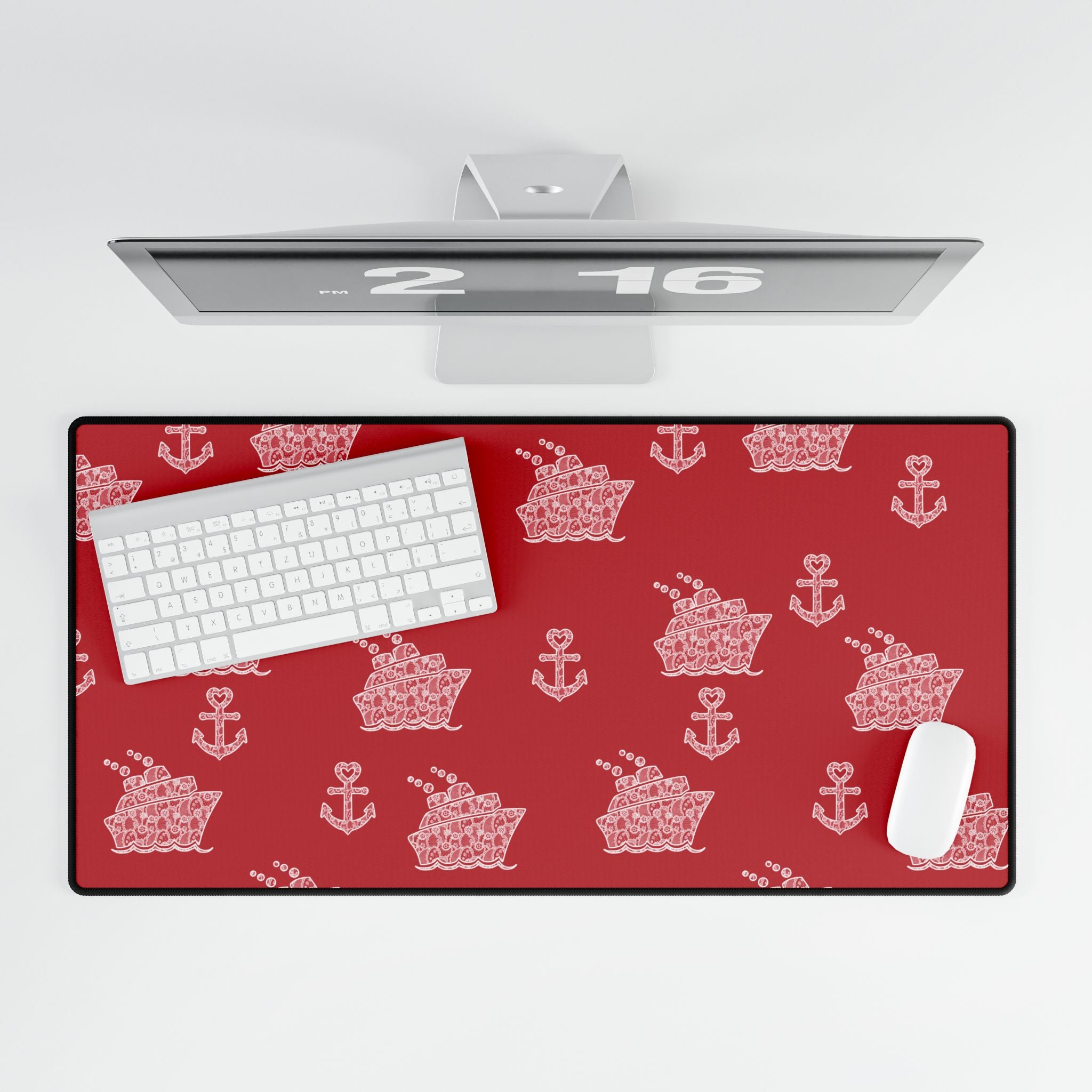 Red Cruise Ship Desk Mats and Mouse pads with White Lace Anchors and Ships, Office Decor, Cruise Gifts, Home Workspace