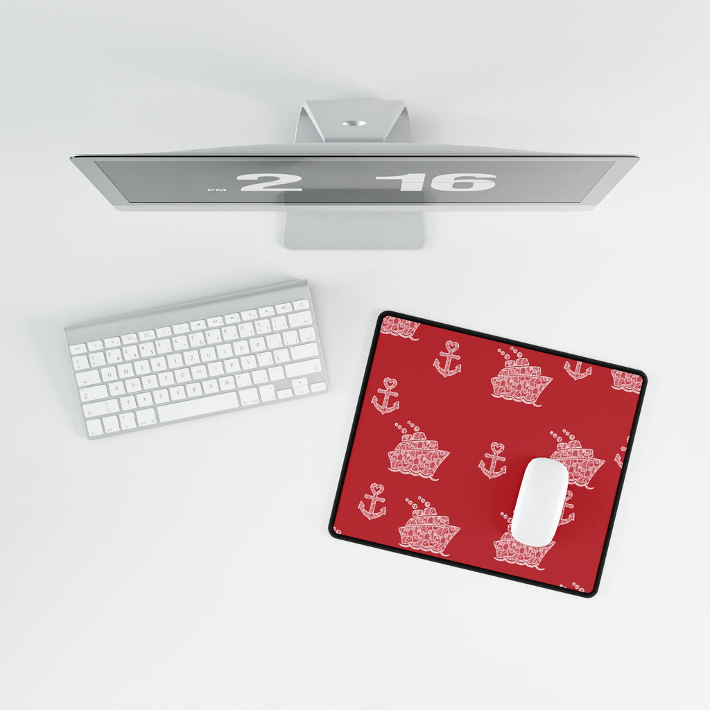 Red Cruise Ship Desk Mats and Mouse pads with White Lace Anchors and Ships, Office Decor, Cruise Gifts, Home Workspace