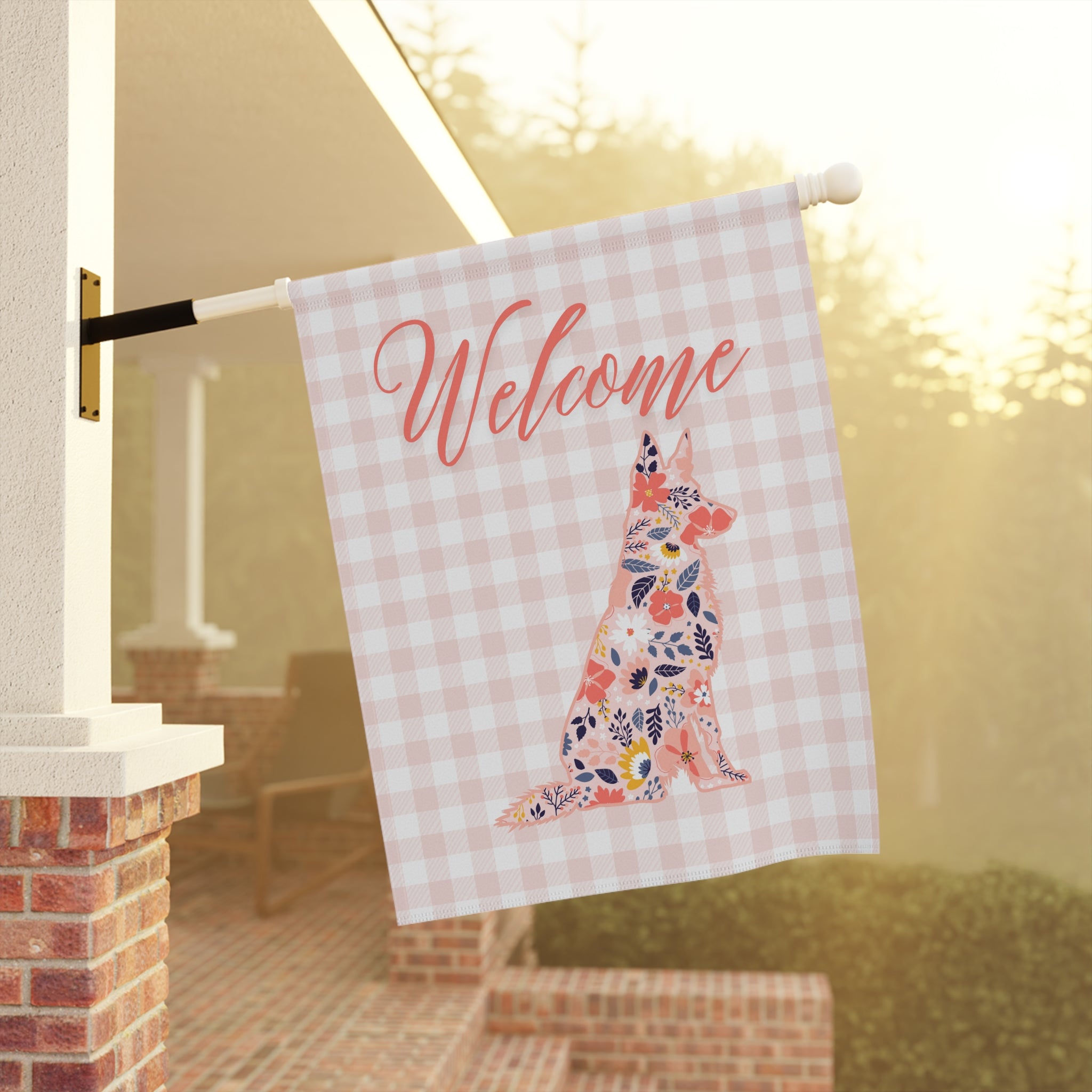 Pink Gingham German Shepherd Welcome Garden Banner, Floral Pet Décor, Outdoor Sign, Housewarming Gift