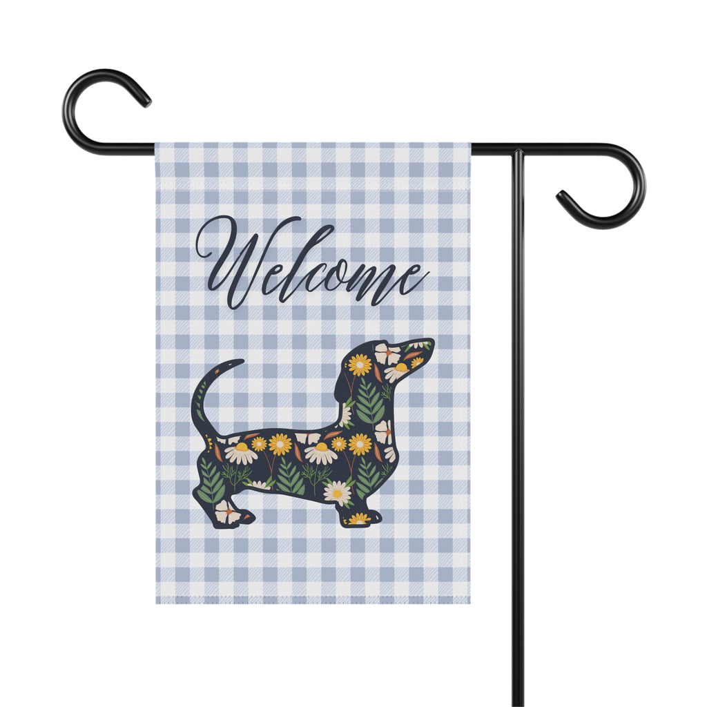 Blue Gingham Dachshund Welcome Garden Banner, Floral Pet Décor, Outdoor Sign, Housewarming Gift