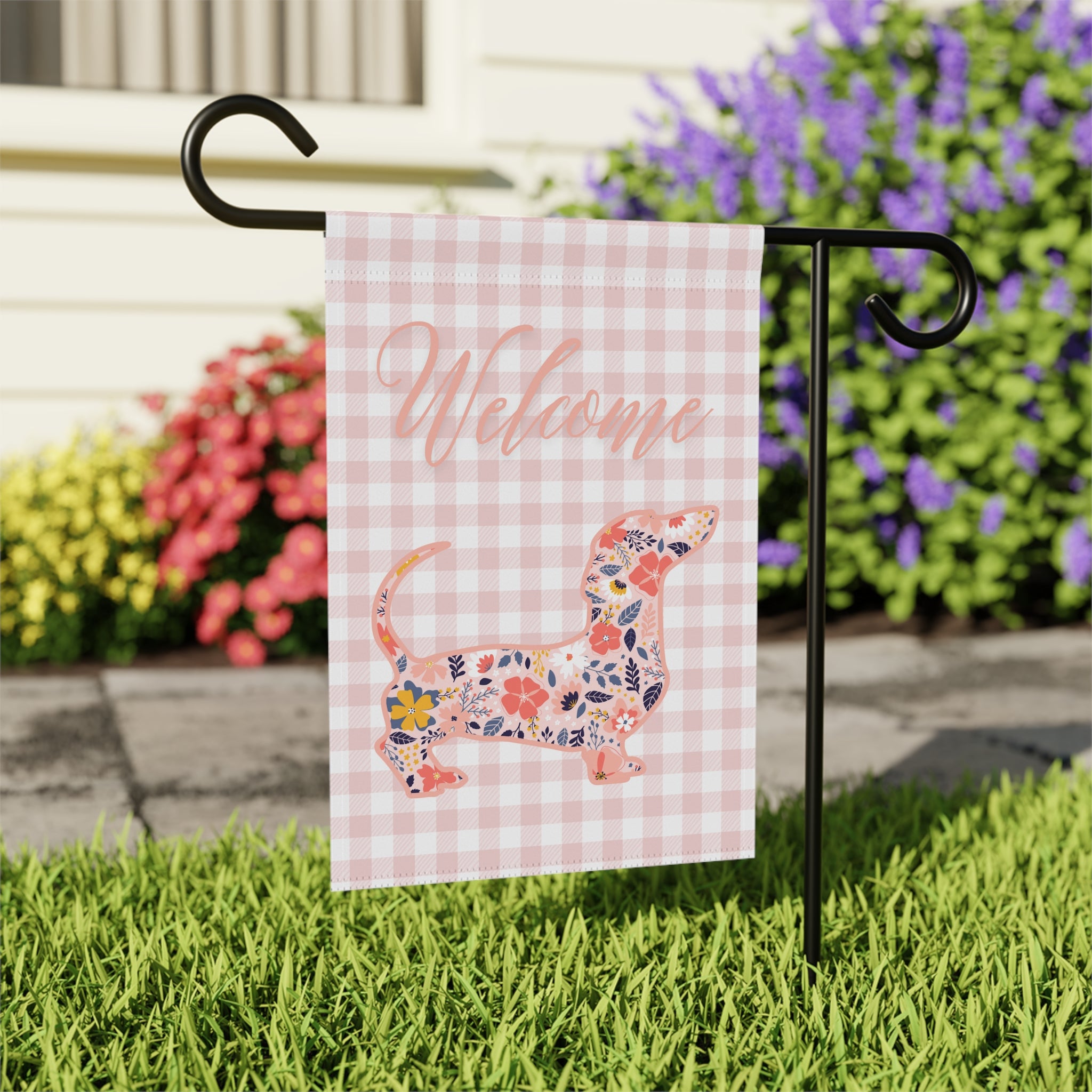 Pink Gingham Dachshund Welcome Garden Banner, Floral Pet Décor, Outdoor Sign, Housewarming Gift