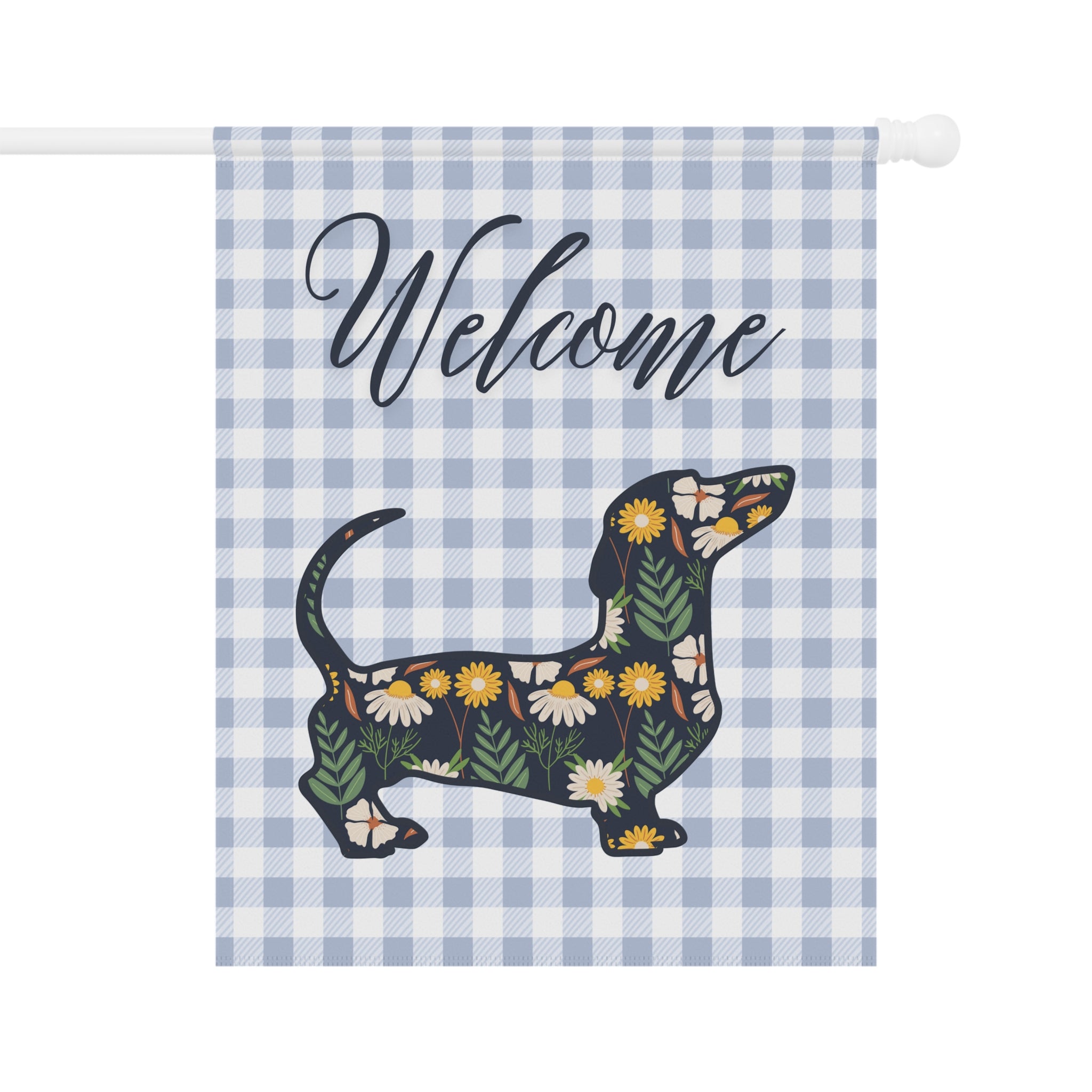 Blue Gingham Dachshund Welcome Garden Banner, Floral Pet Décor, Outdoor Sign, Housewarming Gift