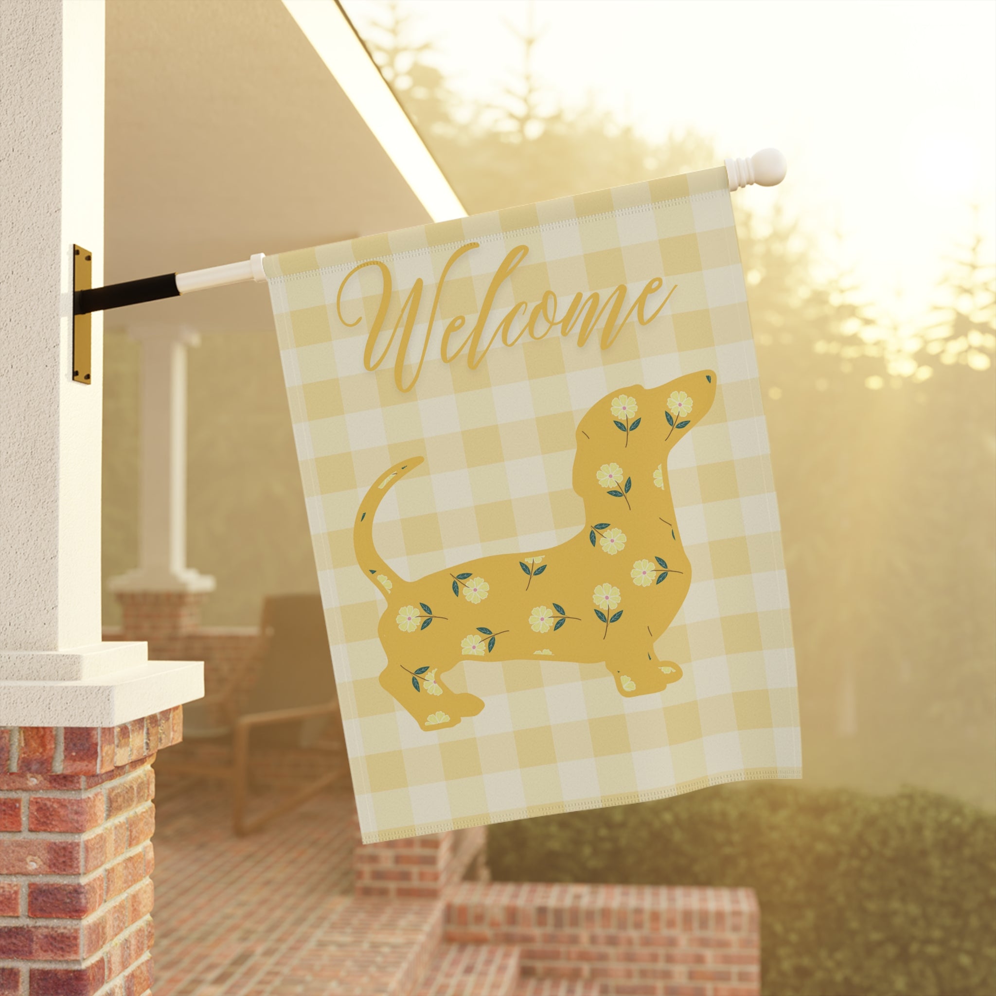 Yellow Gingham Dachshund Welcome Garden Banner, Floral Pet Décor, Outdoor Sign, Housewarming Gift