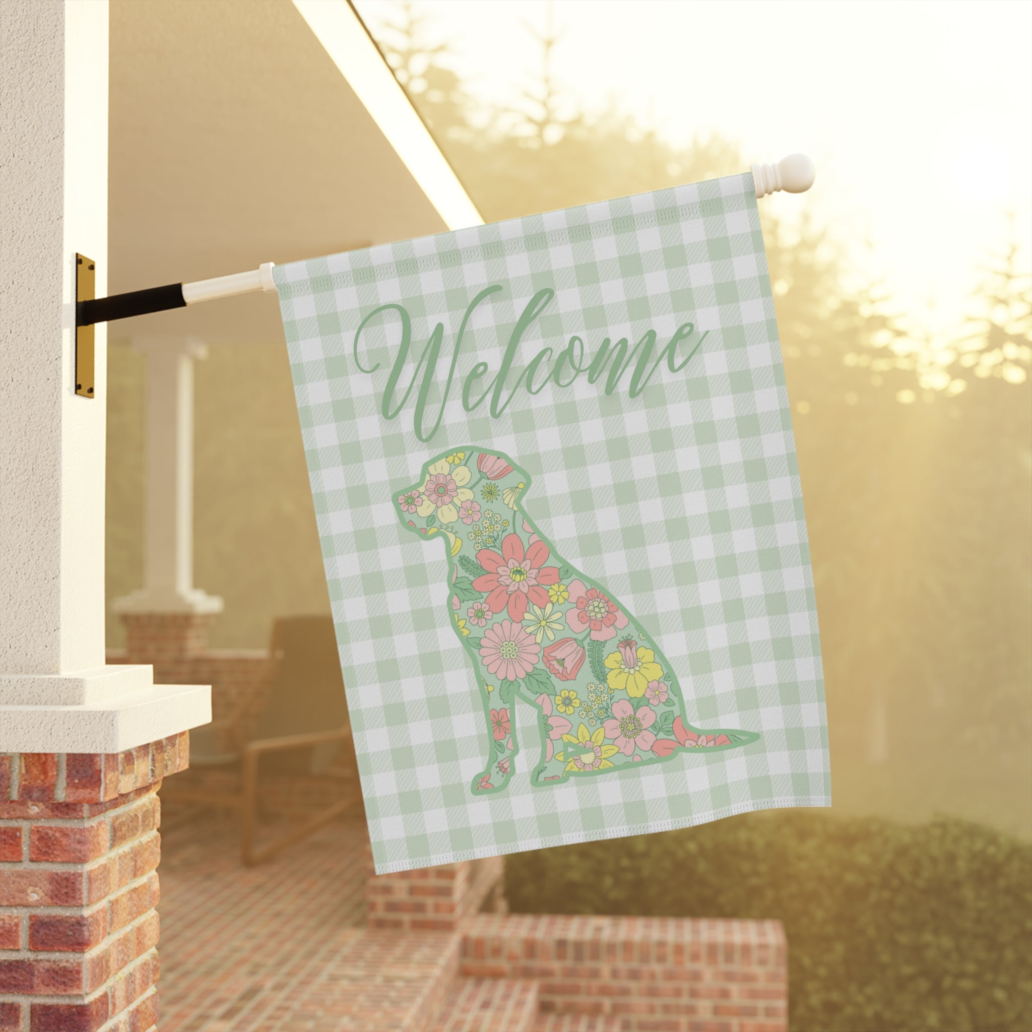 Green Gingham Labrador Retriever Welcome Garden Banner, Floral Pet Décor, Outdoor Sign, Housewarming Gift