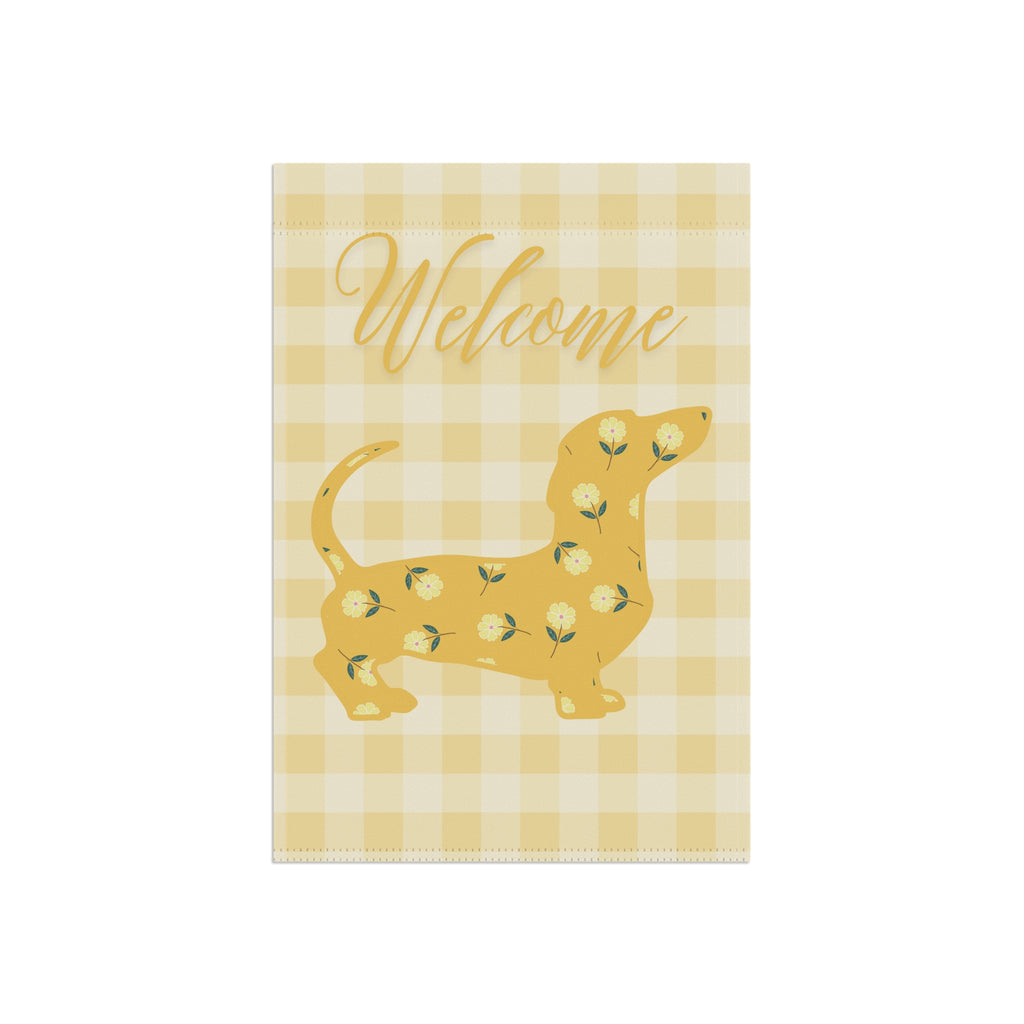Yellow Gingham Dachshund Welcome Garden Banner, Floral Pet Décor, Outdoor Sign, Housewarming Gift