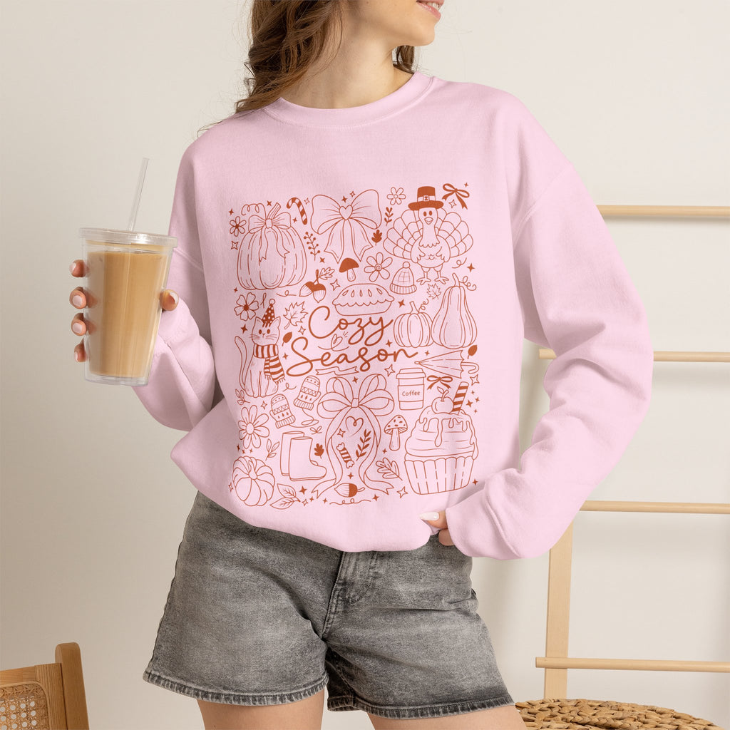 Cozy Season Crewneck Sweatshirt, Autumn Pumpkin & Leaves Fall Design