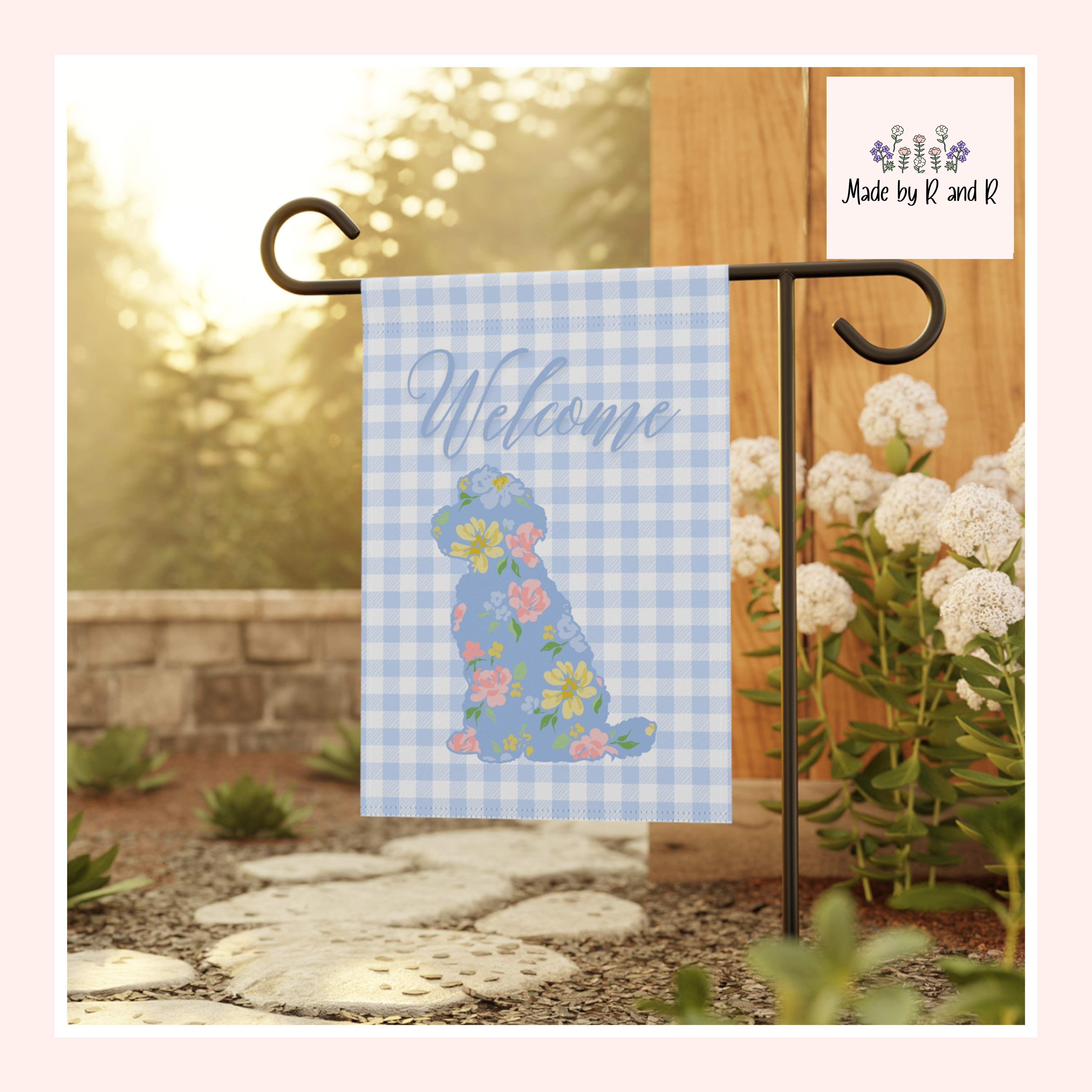 Blue Gingham Labradoodle Welcome Garden Banner, Floral Pet Décor, Outdoor Sign, Housewarming Gift