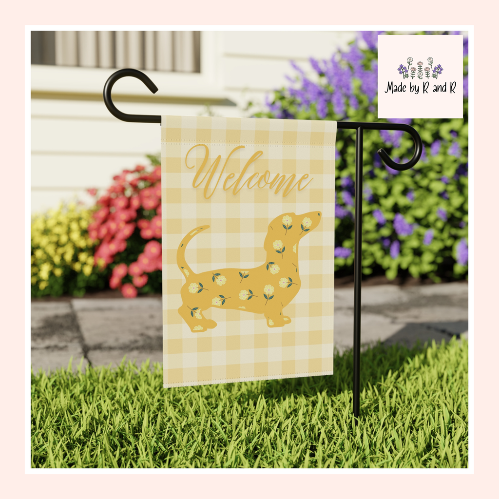 Yellow Gingham Dachshund Welcome Garden Banner, Floral Pet Décor, Outdoor Sign, Housewarming Gift