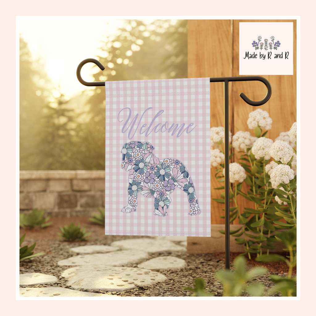 Purple Gingham Bulldog Welcome Garden Banner, Floral Pet Décor, Outdoor Sign, Housewarming Gift