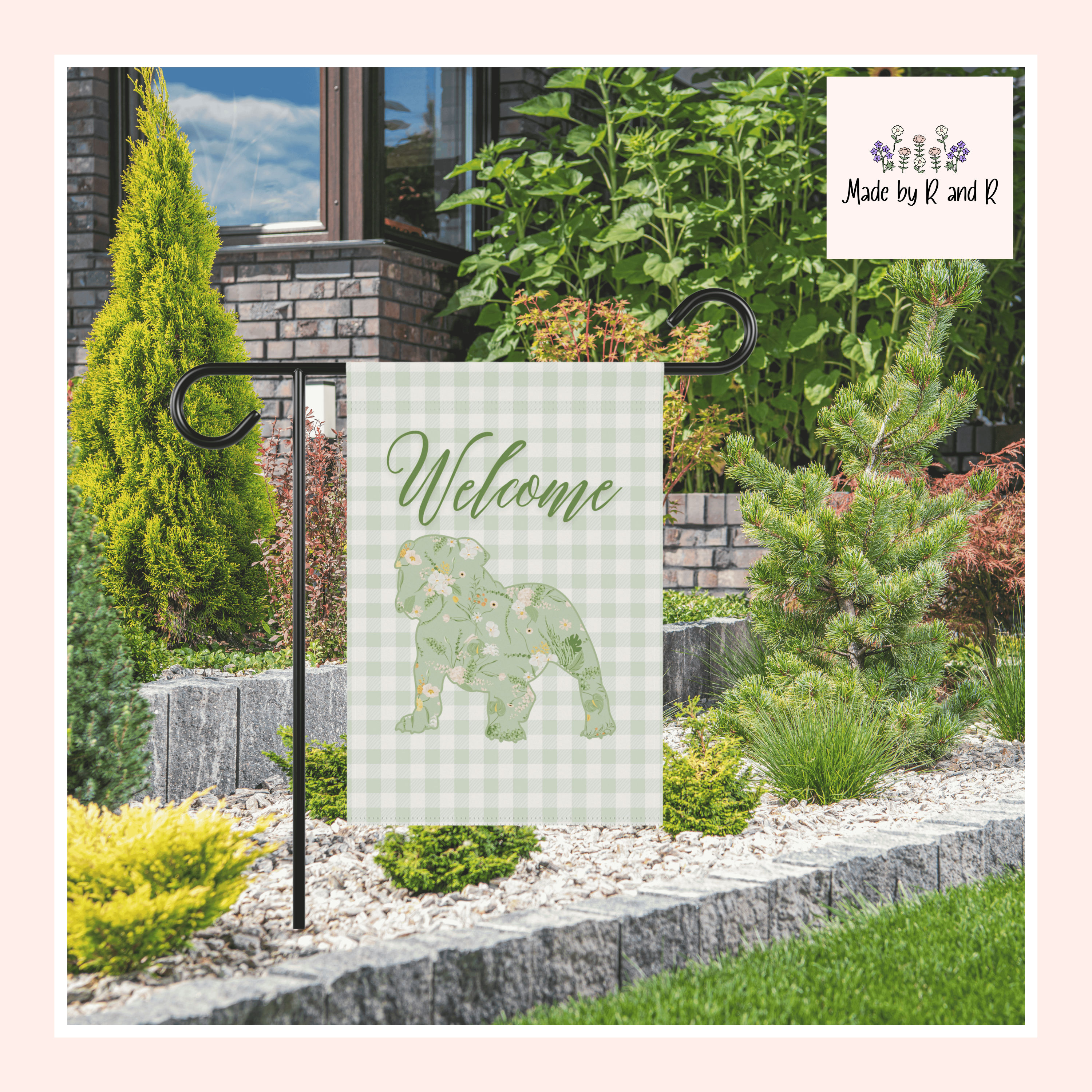 Green Gingham Bulldog Welcome Garden Banner, Floral Pet Décor, Outdoor Sign, Housewarming Gift