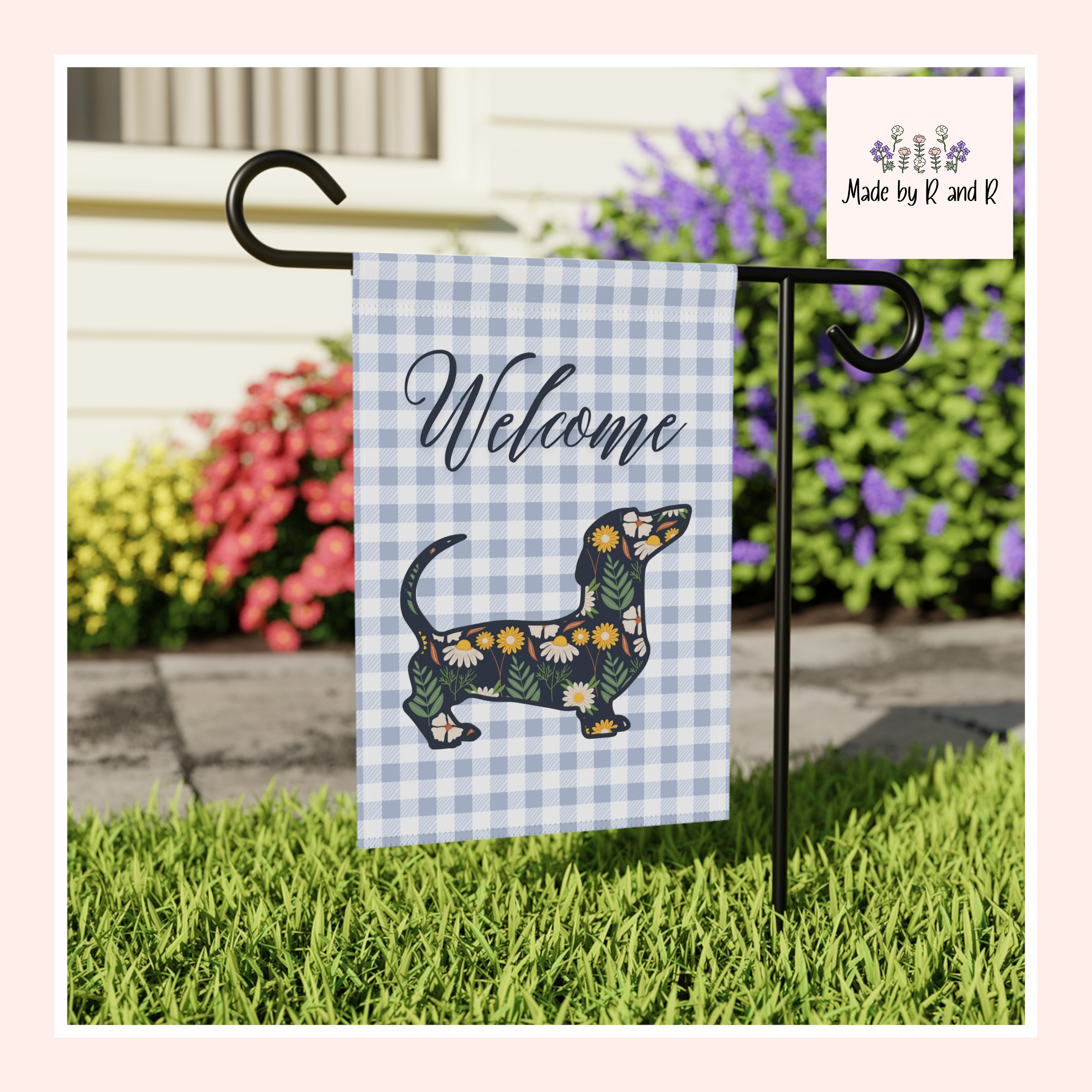 Blue Gingham Dachshund Welcome Garden Banner, Floral Pet Décor, Outdoor Sign, Housewarming Gift