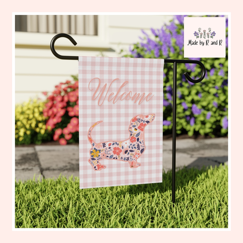 Pink Gingham Dachshund Welcome Garden Banner, Floral Pet Décor, Outdoor Sign, Housewarming Gift