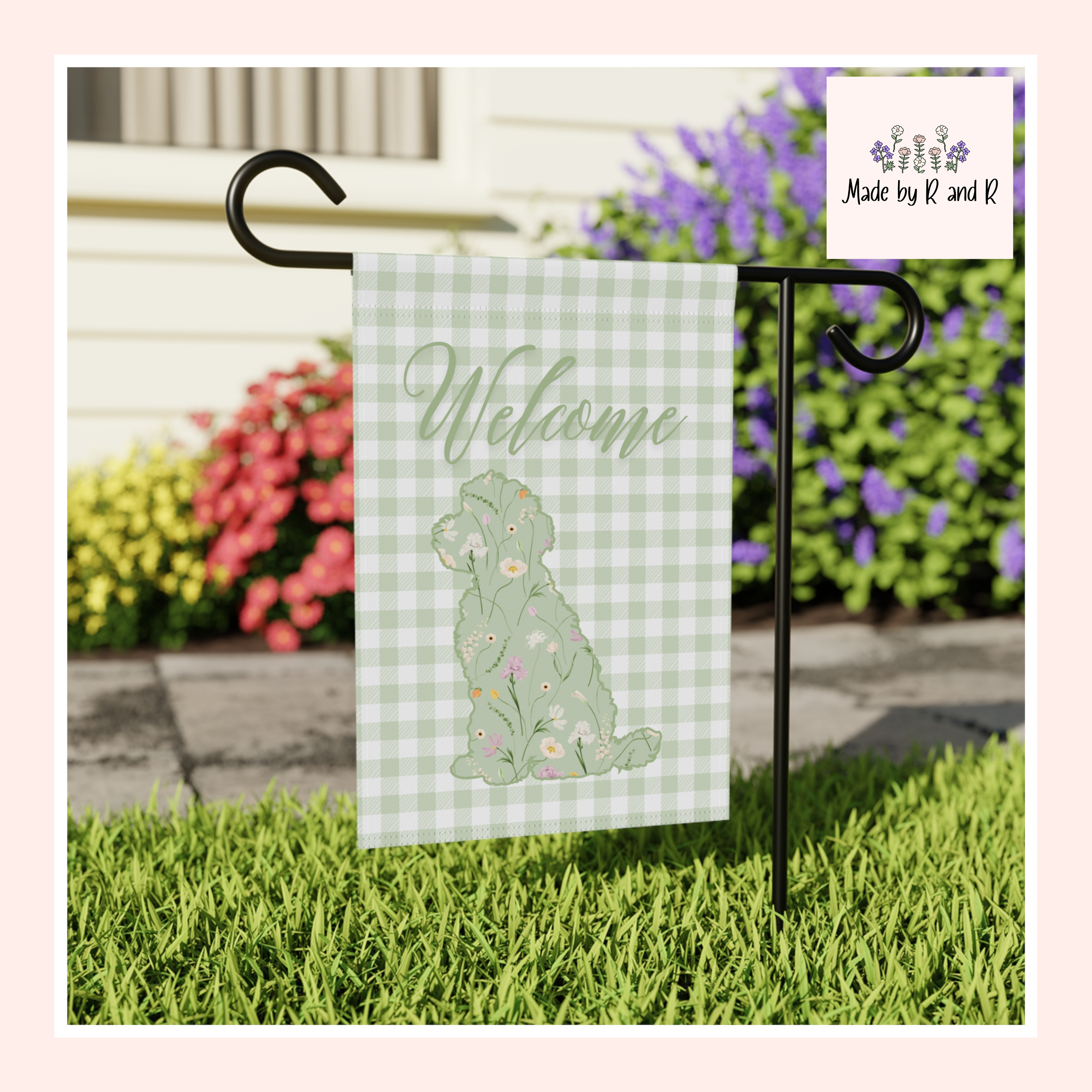 Green Gingham Labradoodle Welcome Garden Banner, Floral Pet Décor, Outdoor Sign, Housewarming Gift