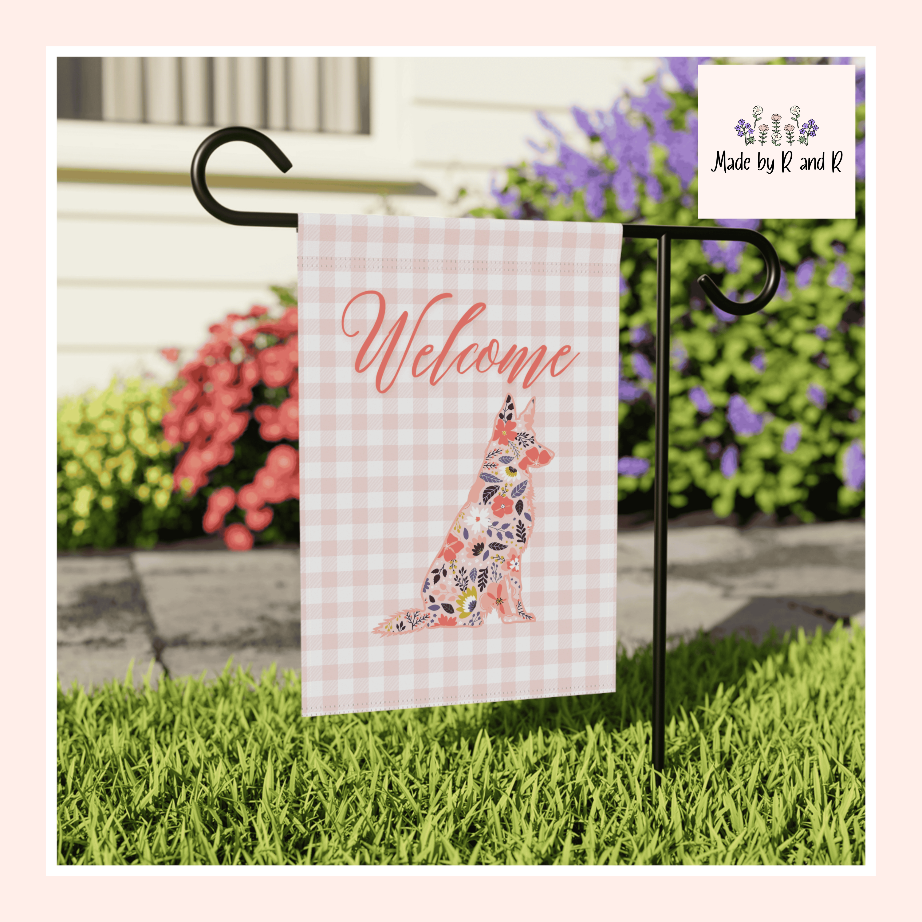 Pink Gingham German Shepherd Welcome Garden Banner, Floral Pet Décor, Outdoor Sign, Housewarming Gift