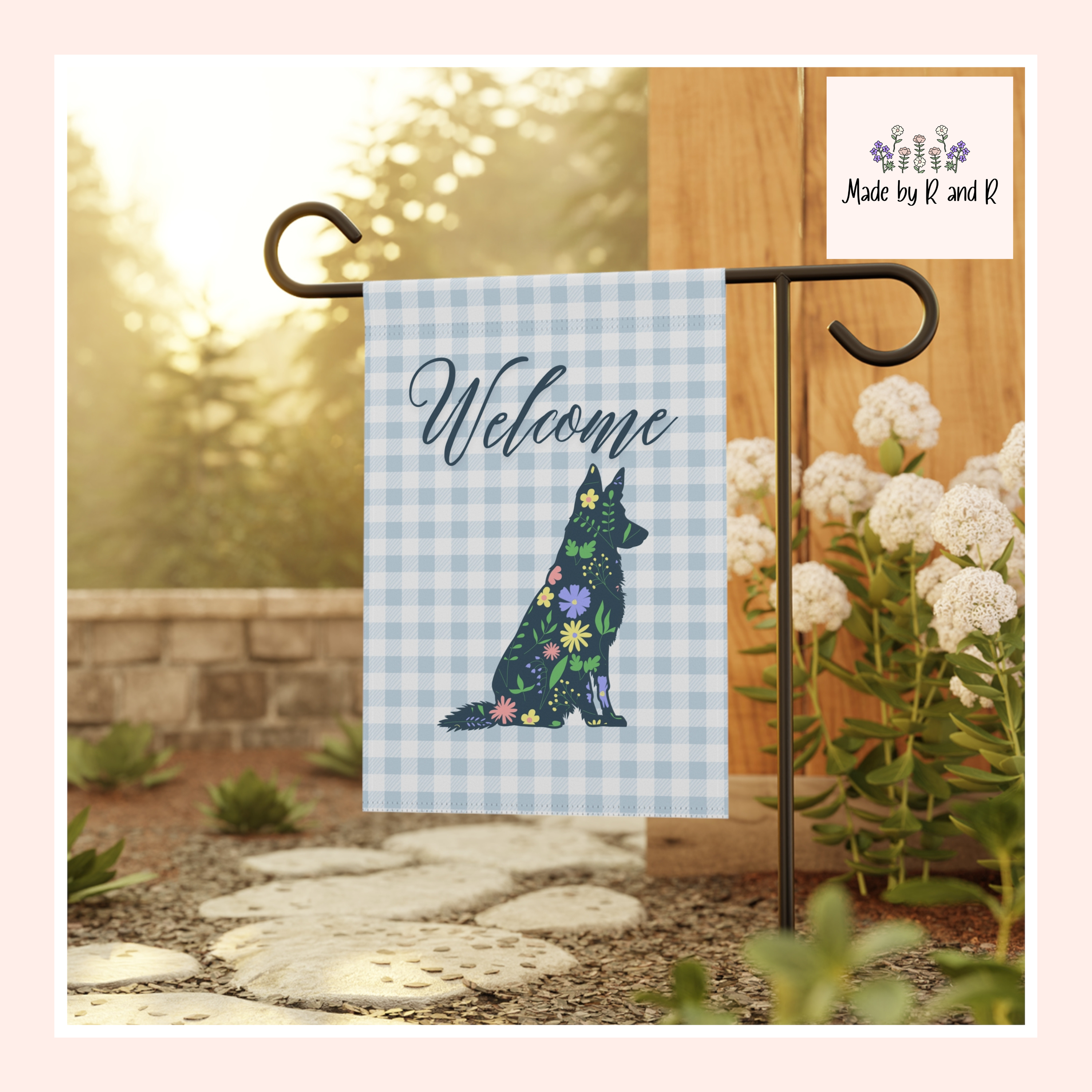 Blue Gingham German Shepherd Welcome Garden Banner, Floral Pet Décor, Outdoor Sign, Housewarming Gift
