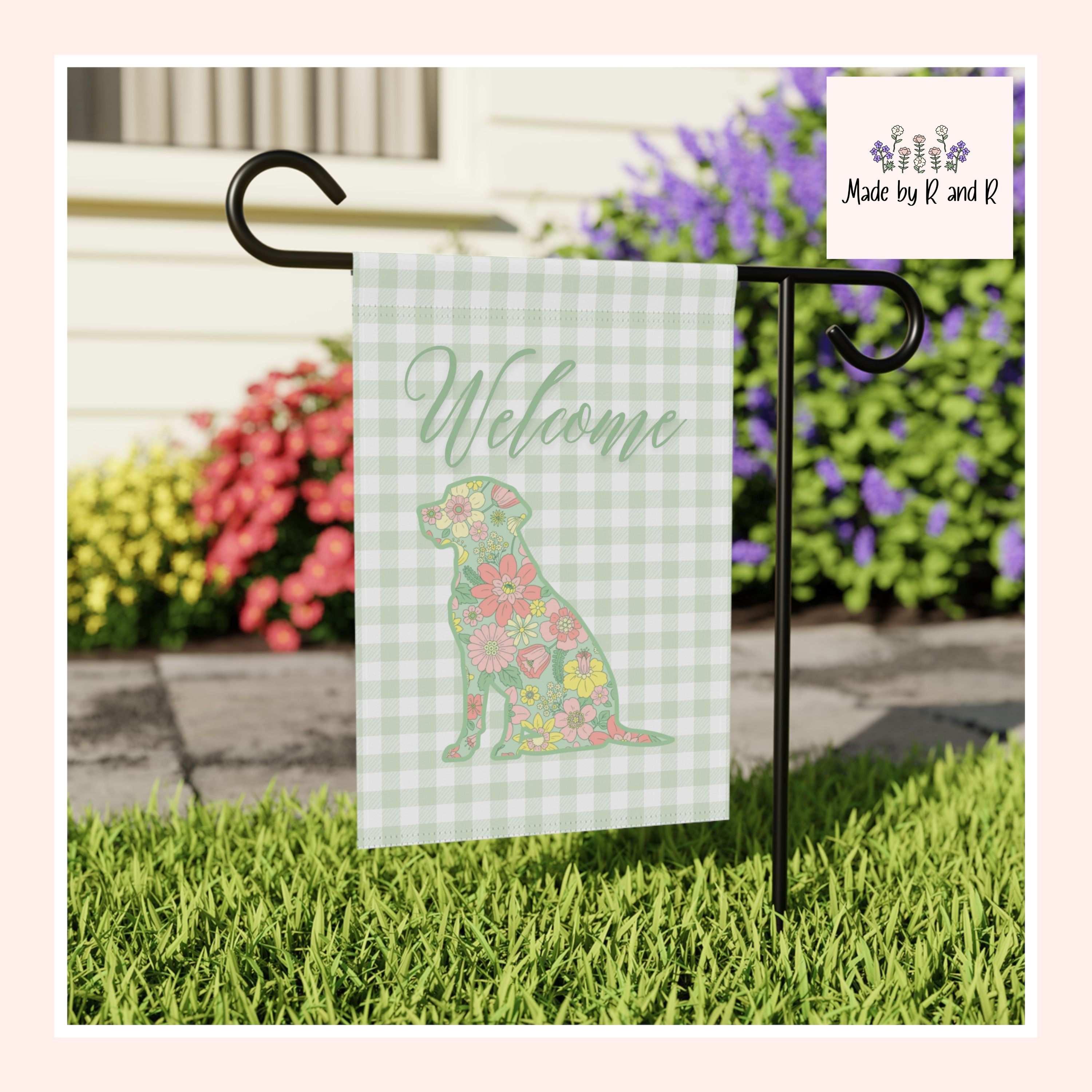 Green Gingham Labrador Retriever Welcome Garden Banner, Floral Pet Décor, Outdoor Sign, Housewarming Gift
