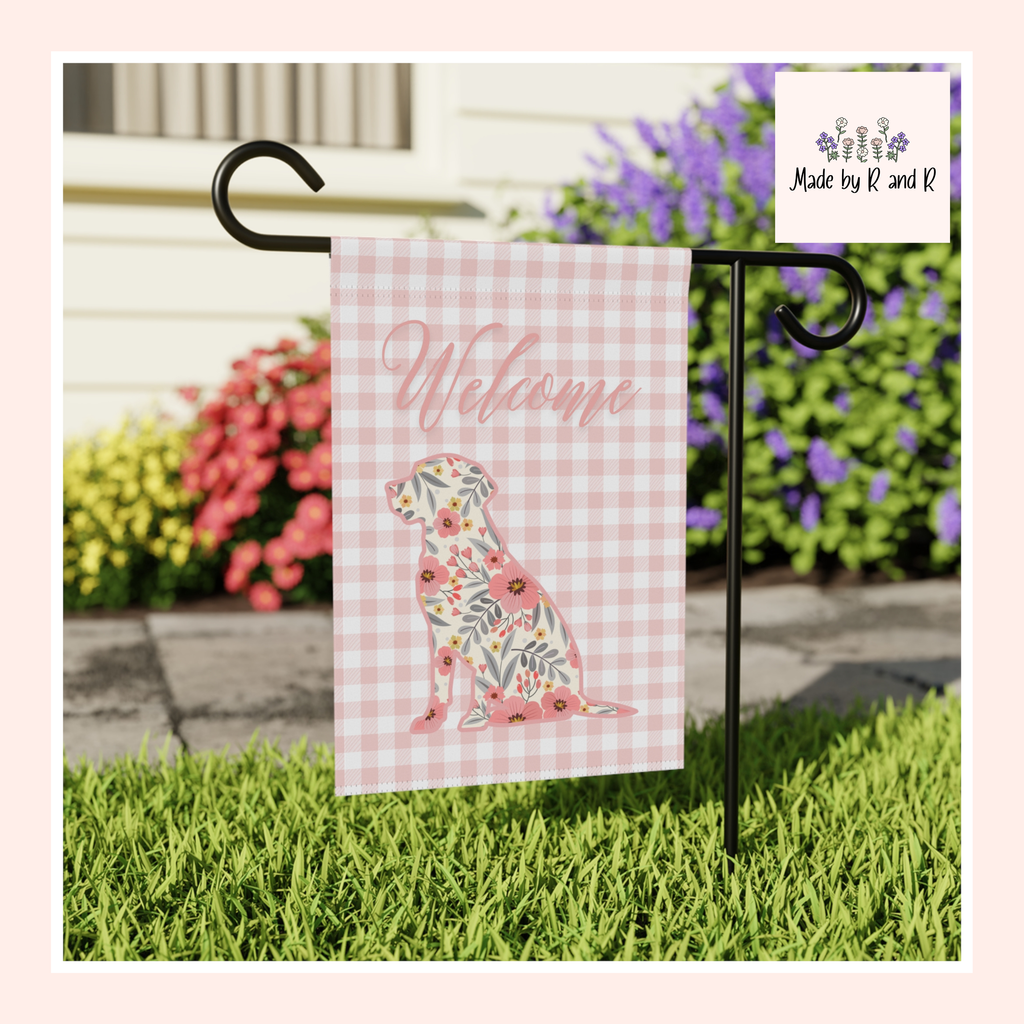 Pink Gingham Labrador Retriever Welcome Garden Banner, Floral Pet Décor, Outdoor Sign, Housewarming Gift