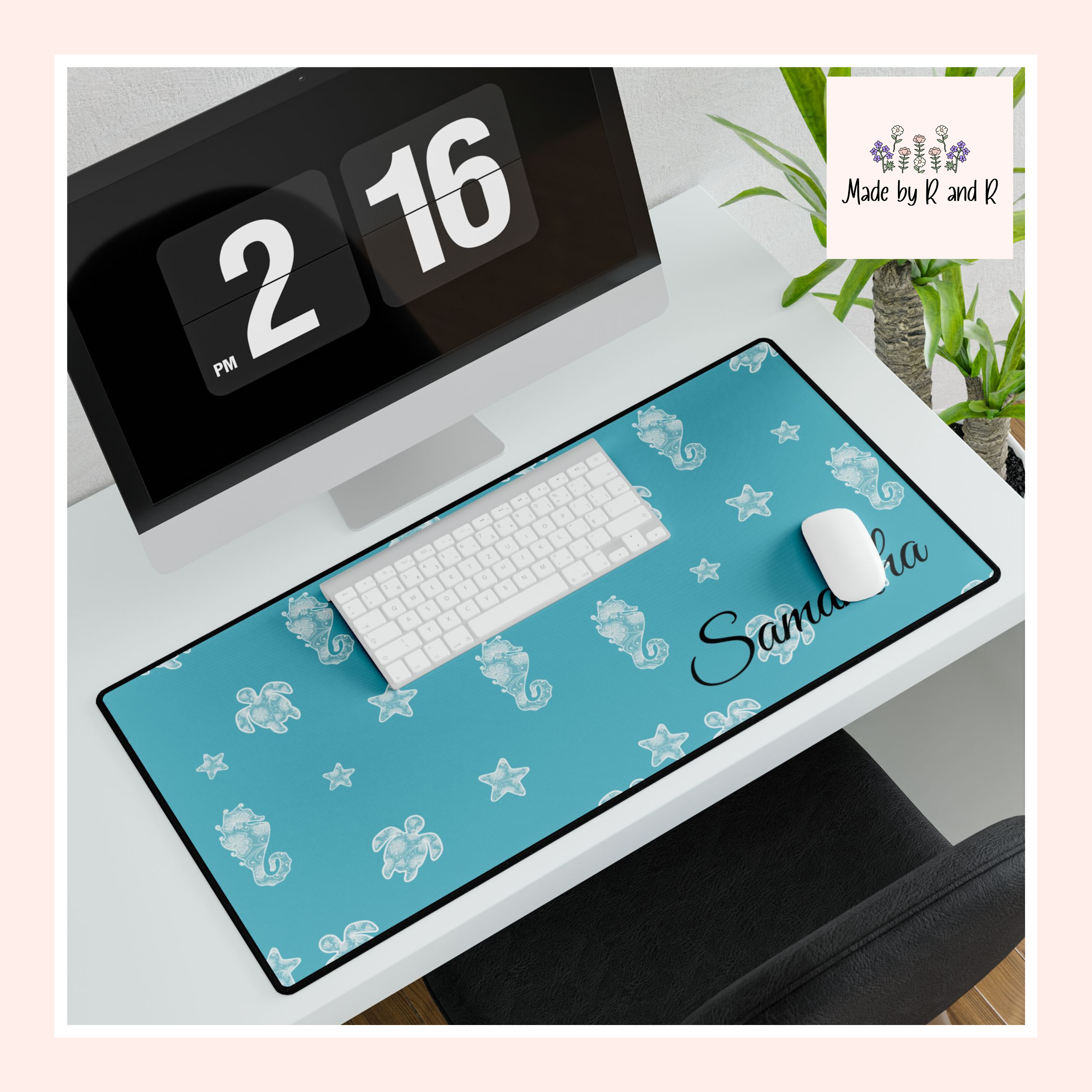 Blue Ocean Desk Mats and Mouse pads with Lace Seahorses and Turtles, Office Decor, Christmas Gifts, Home Workspace