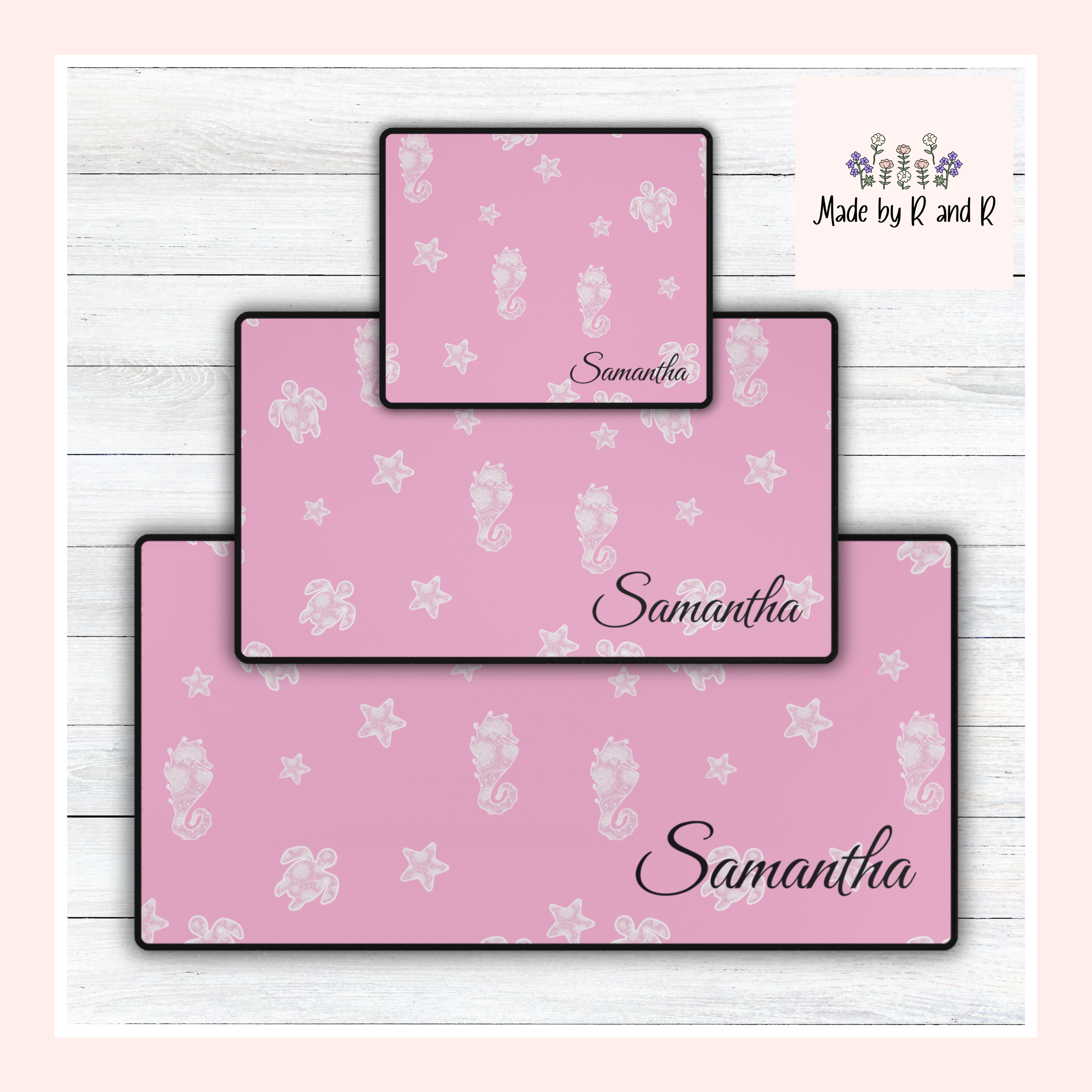 Pink Ocean Desk Mats and Mouse pads with Lace Seahorses and Turtles, Office Decor, Christmas Gifts, Home Workspace