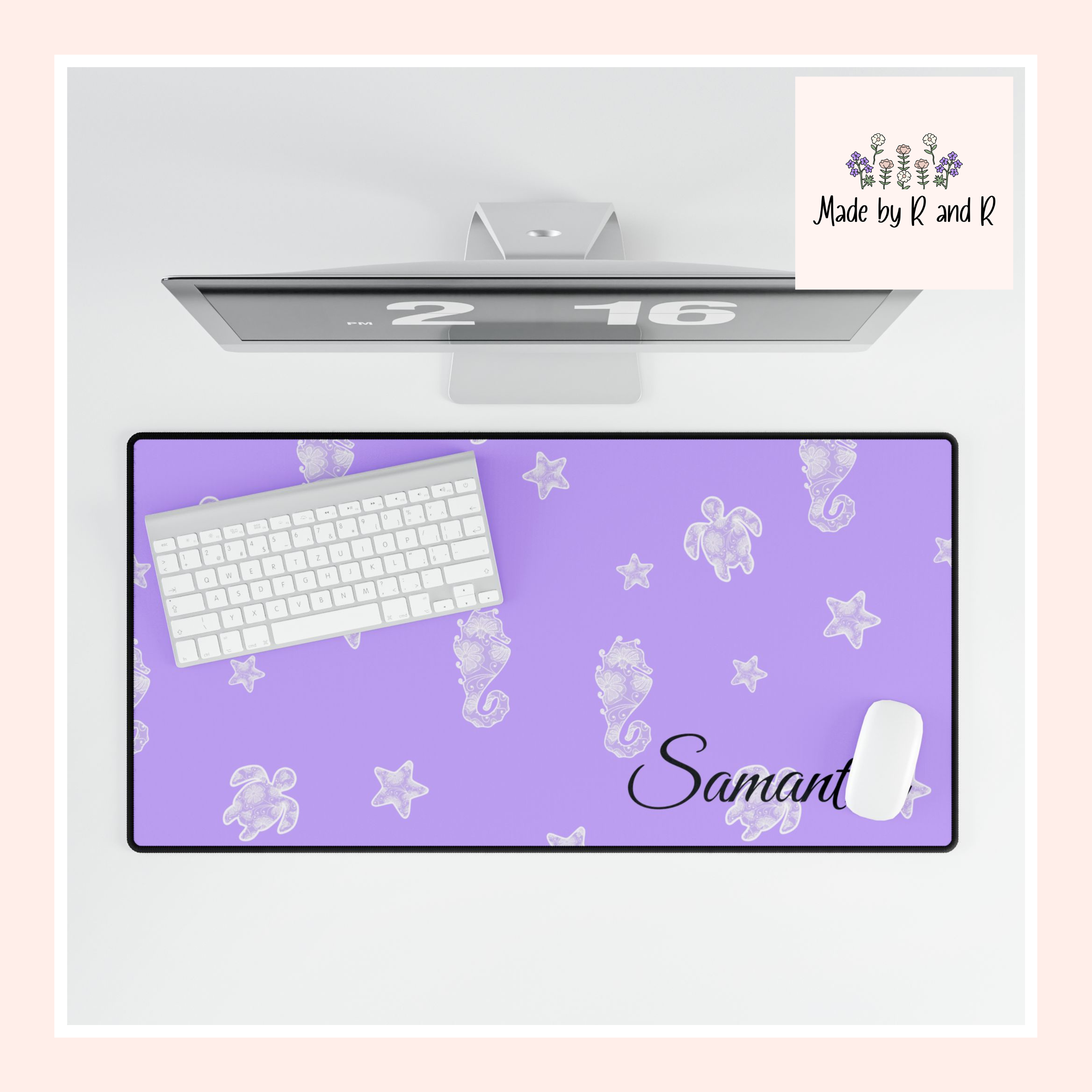 Purple Ocean Desk Mats and Mouse pads with Lace Seahorses and Turtles, Office Decor, Christmas Gifts, Home Workspace