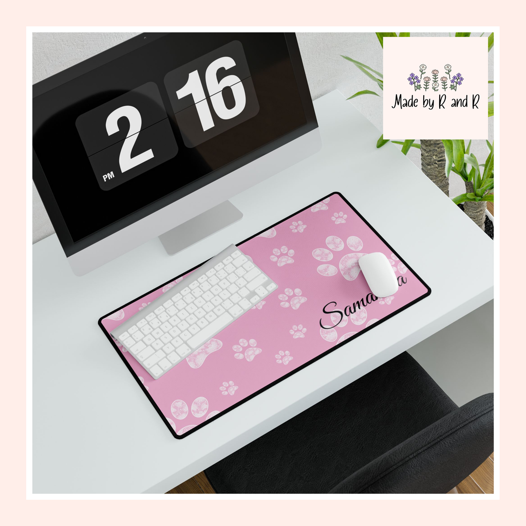 Personalized Pink Paw Print Desk Mats and Mouse pads with Lace Seahorses and Turtles, Office Decor, Christmas Gifts, Home Workspace