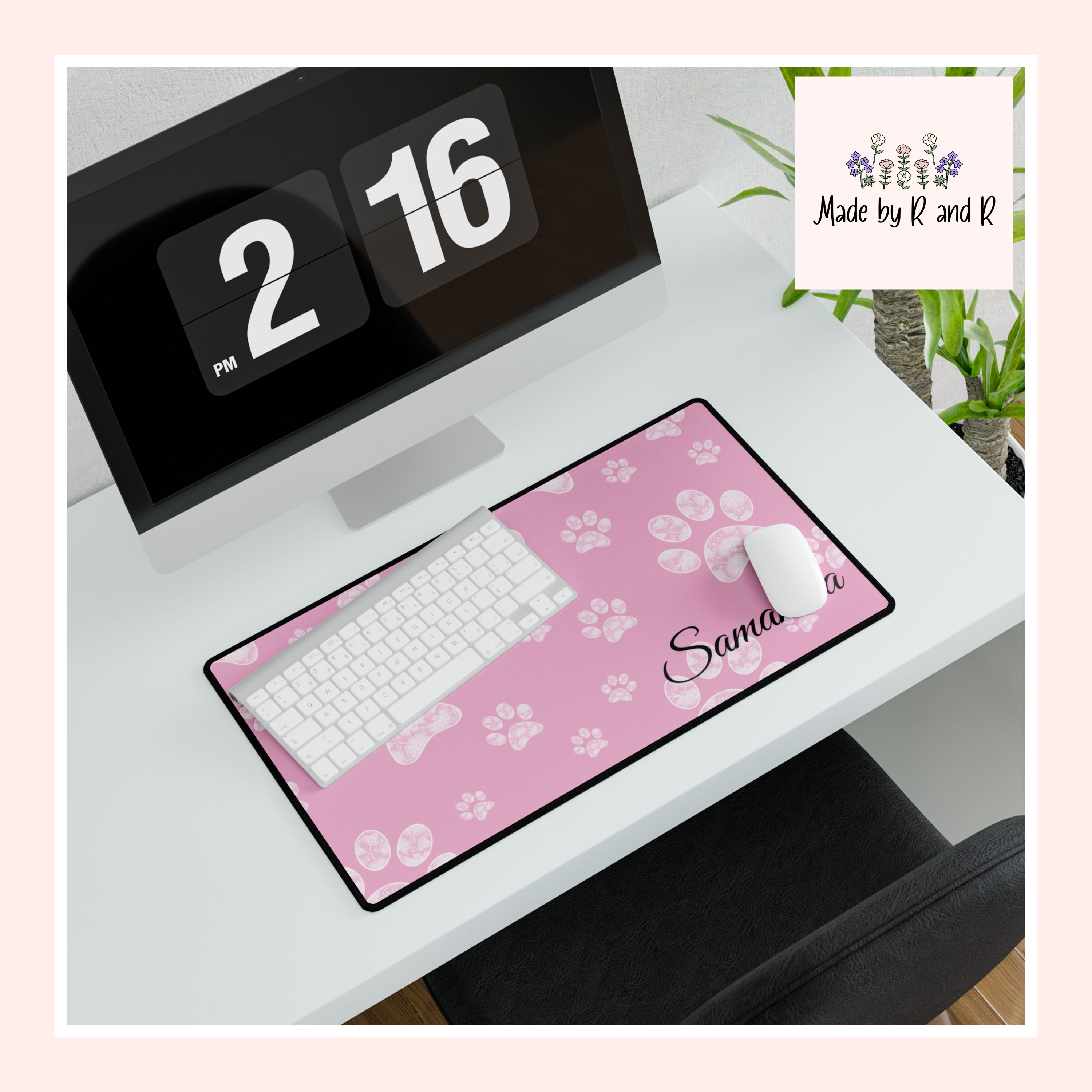 Personalized Pink Paw Print Desk Mats and Mouse pads with Lace Seahorses and Turtles, Office Decor, Christmas Gifts, Home Workspace