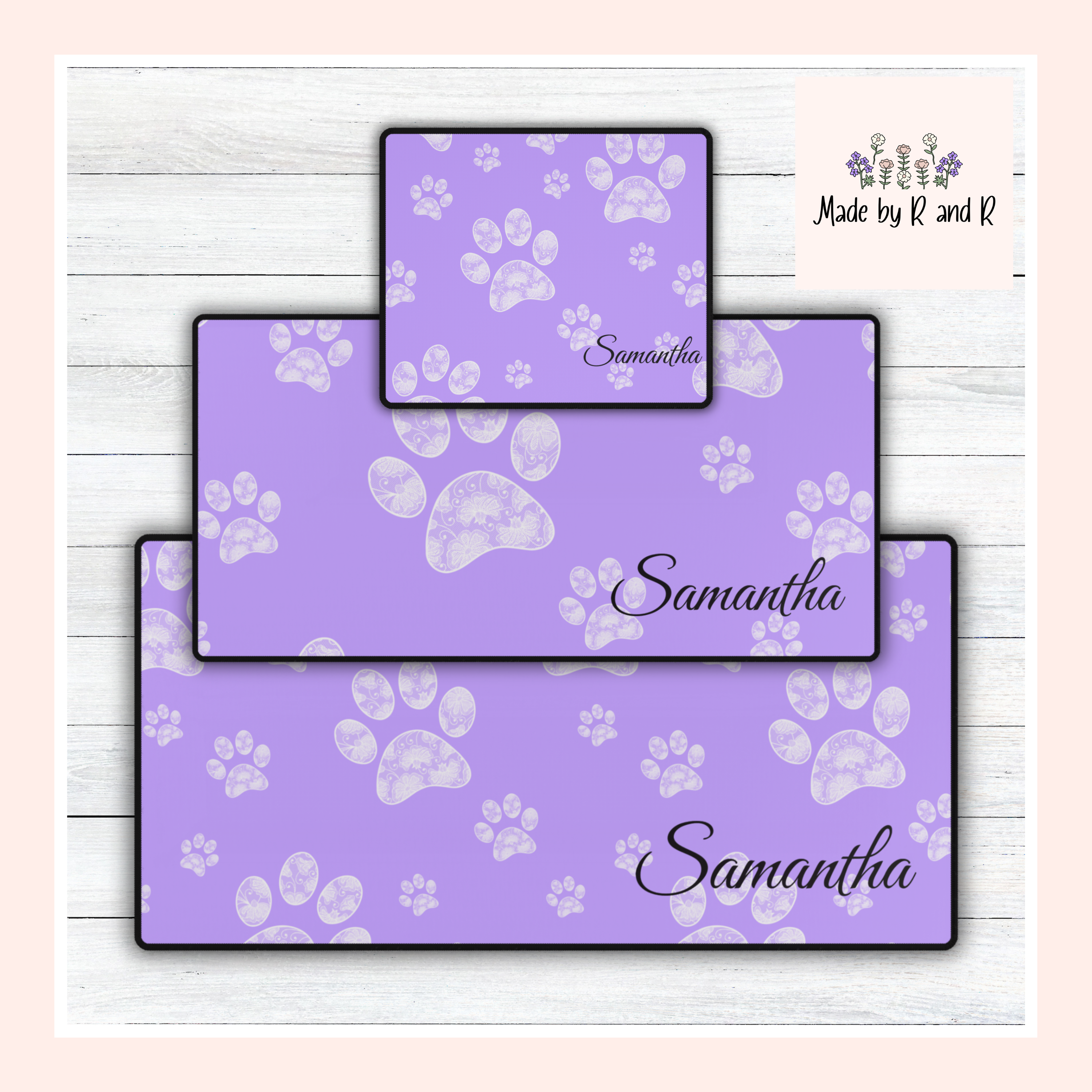 Custom Purple Paw Print Desk Mats and Mouse pads with Lace Seahorses and Turtles, Office Decor, Christmas Gifts, Home Workspace