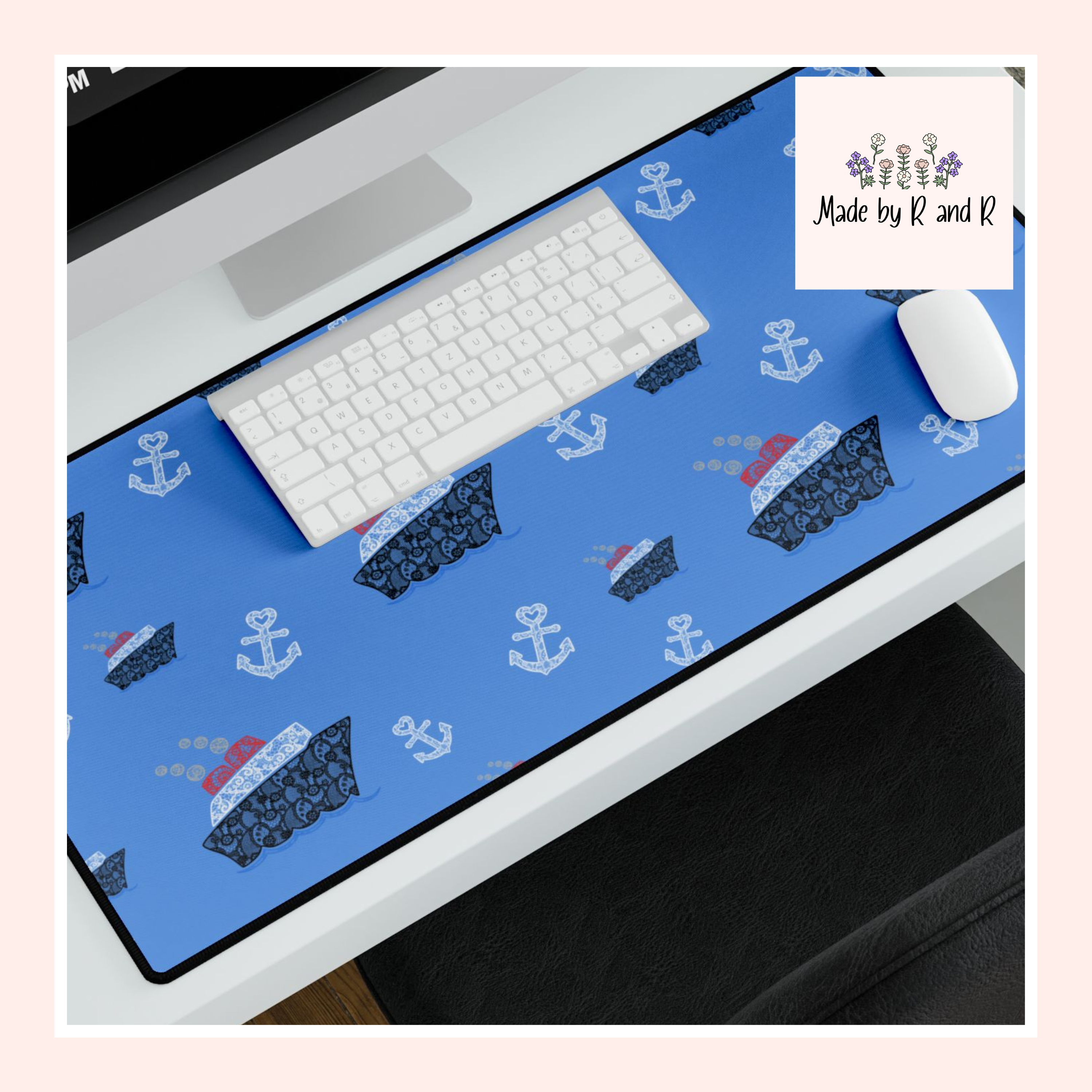 Blue Cruise Ship Desk Mats and Mouse pads with Lace Anchors and Ships, Office Decor, Cruise Gifts, Home Workspace